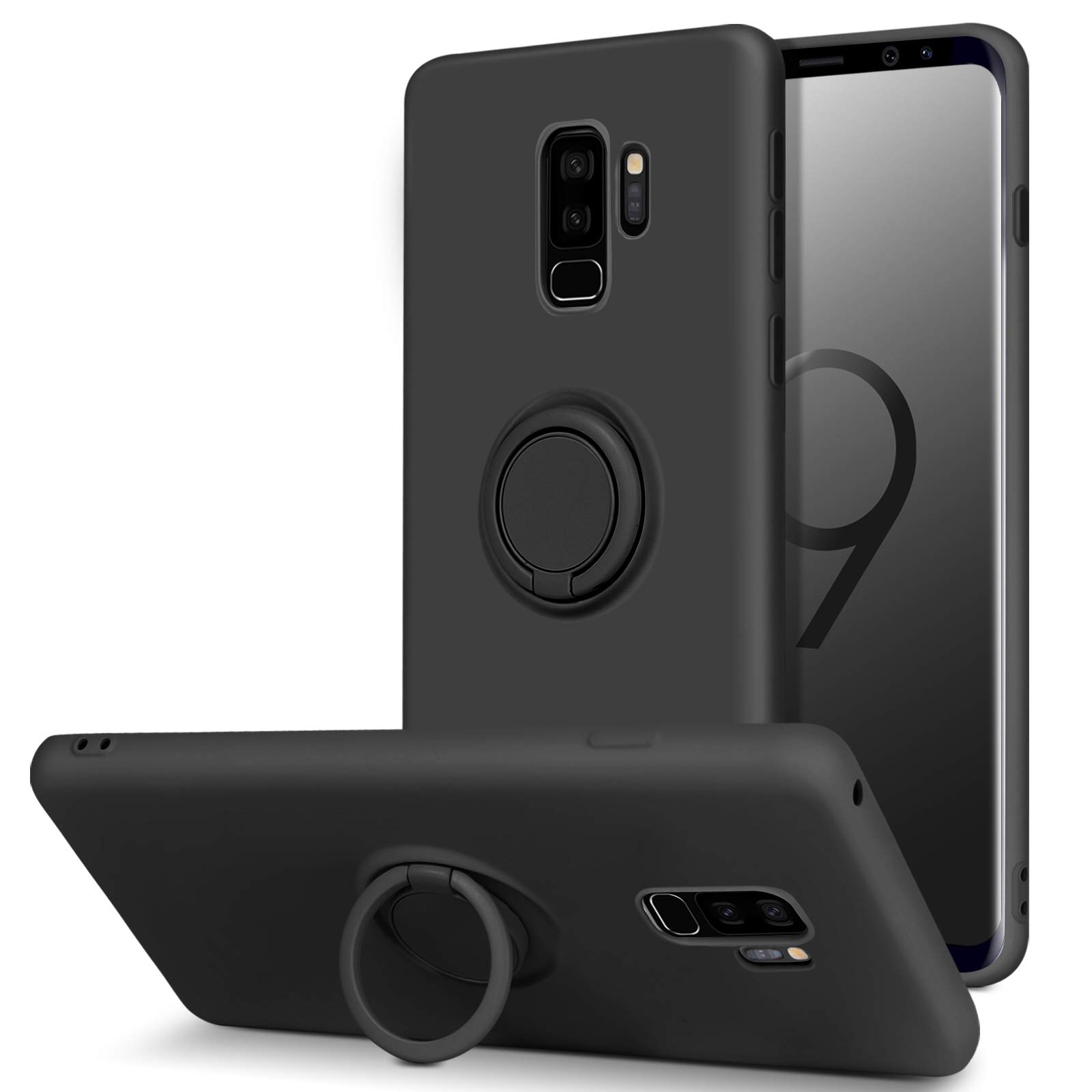 Samsung Galaxy S9 Plus Case - Slim Silicone Soft Rubber Cover with 360° Ring Holder & Kickstand | Car Mount Compatible | Protective Cute Phone Case for Samsung Galaxy S9+ 6.2