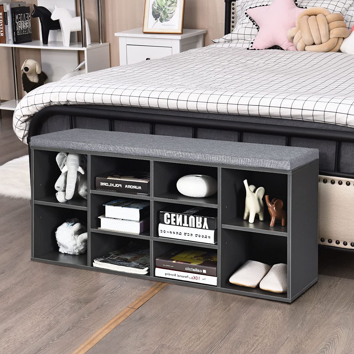 Giantex Shoe Storage Bench with Cushion - 10-Cubbies Adjustable Entryway Shoe Rack Organizer for Living Room, Bedroom, Hallway & Closet | Perfect for Small Spaces & Home Organization (Grey)