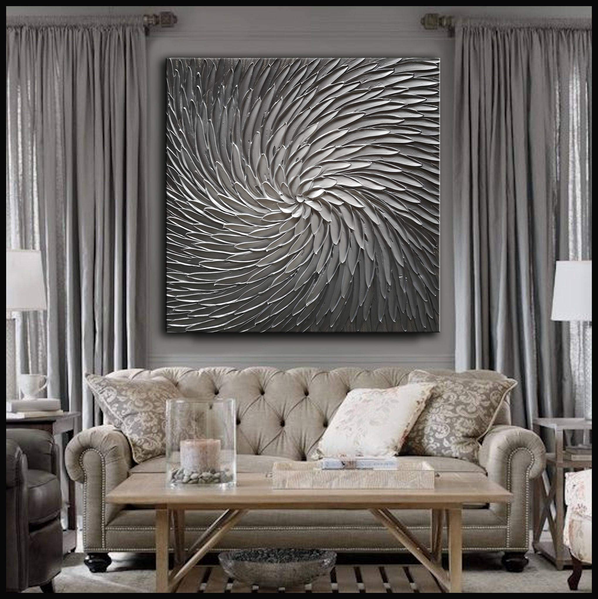 YaSheng Art - 30x30 Inch Large Abstract Oil Painting on Canvas, Silver Gray Gradient Modern Wall Art for Living Room & Bedroom | Handmade Home Decor, Ready to Hang | Perfect for Contemporary Spaces & Office Decor