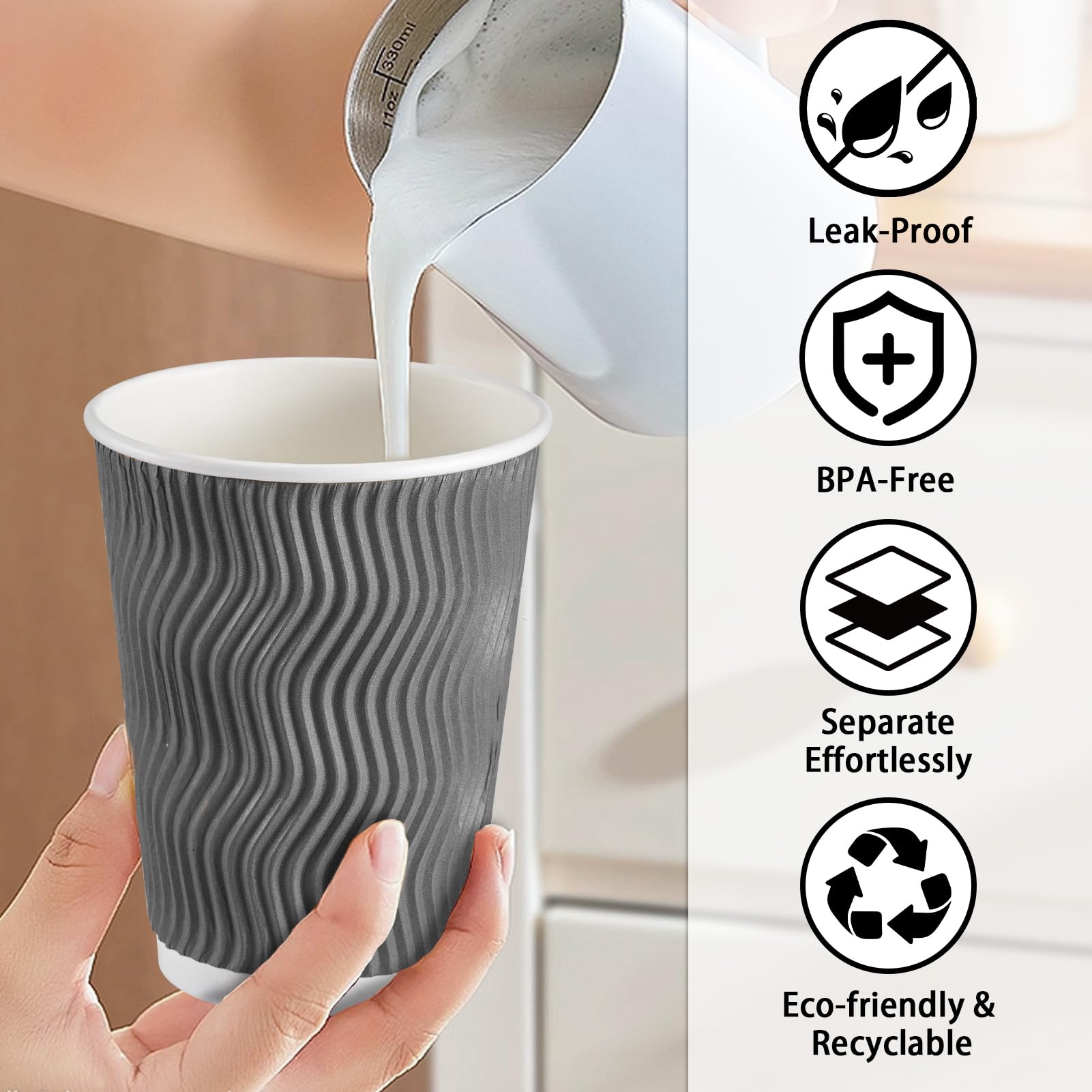 Lamosi 12 oz Insulated Disposable Coffee Cups - 50 Pack Grey Paper Cups, Corrugated Ripple Wall Design for Hot & Cold Drinks, Perfect for Office, Cafes, and Catering Events