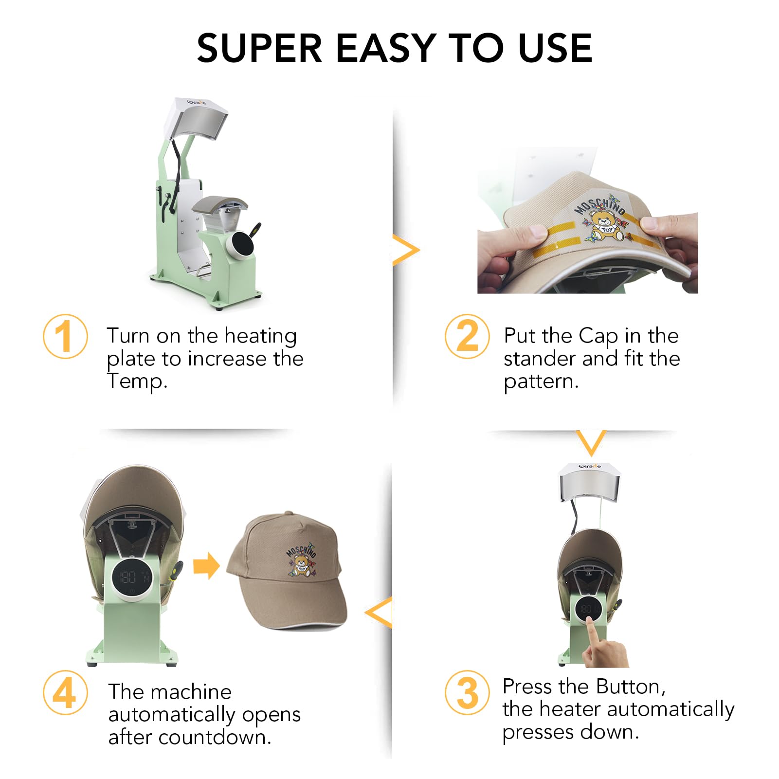 Giraffe Auto Hat Heat Press Machine for Caps, T-Shirts & Bags - Digital Knob-Style Control Panel, Auto Open/Release - Perfect for DIY Sublimation, Custom Apparel & Small Business Use (Green)