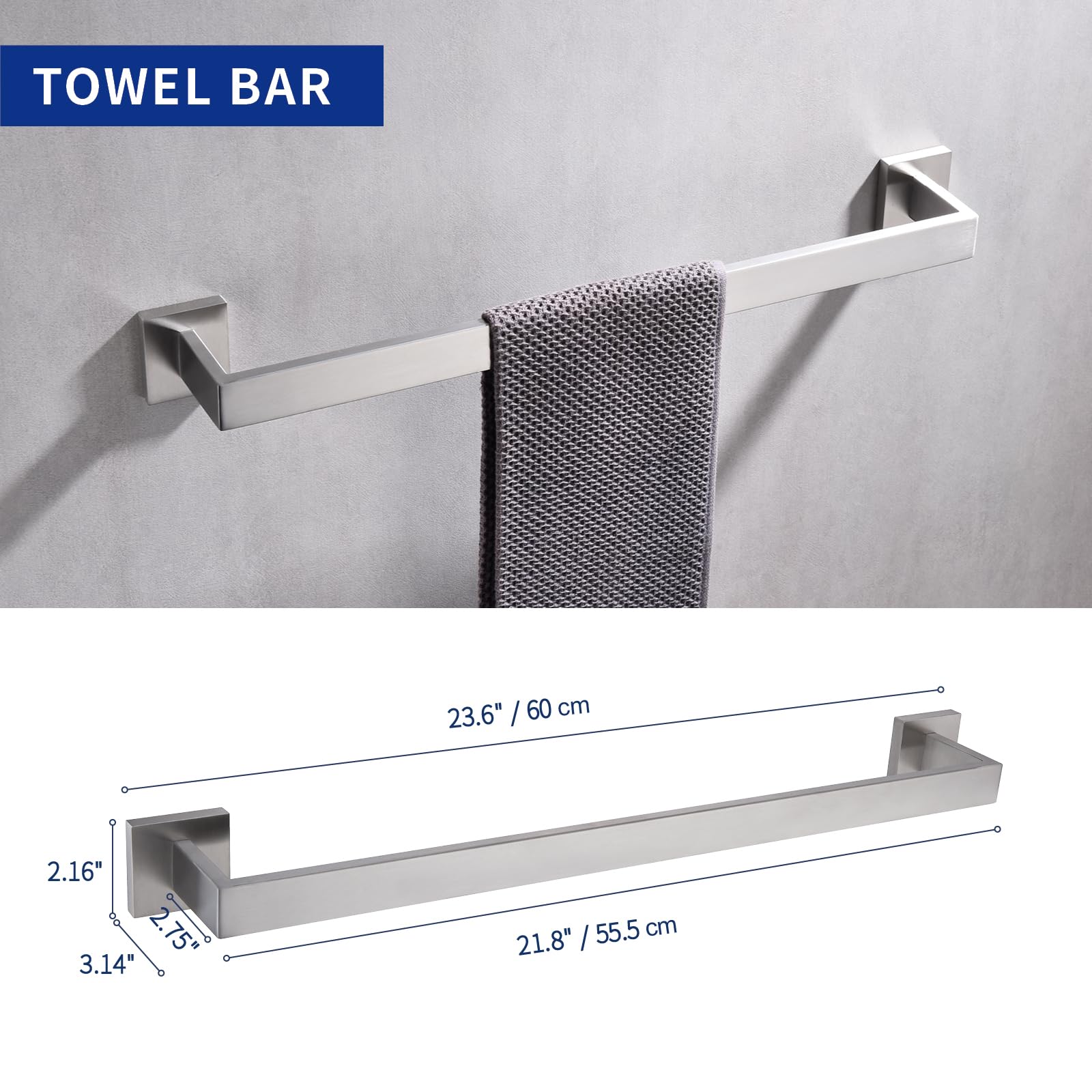 TASTOS 5-Piece Brushed Stainless Steel Bathroom Hardware Set - Wall Mounted Robe Hook, Toilet Paper Holder & 24-Inch Towel Bar in Silver | Modern Bathroom Accessories for Home & Hotel Use