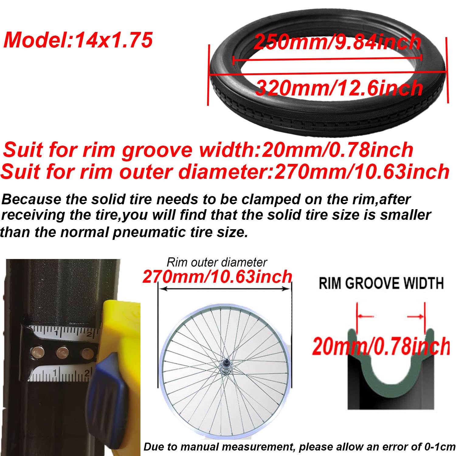 14 Inch Solid Bike Tires - Airless, Anti-Slip 14x1.75 Bicycle Tires for Road Bikes, BMX, Folding Bikes & Kids Bikes - Perfect for Commuting, Off-Road & Urban Cycling