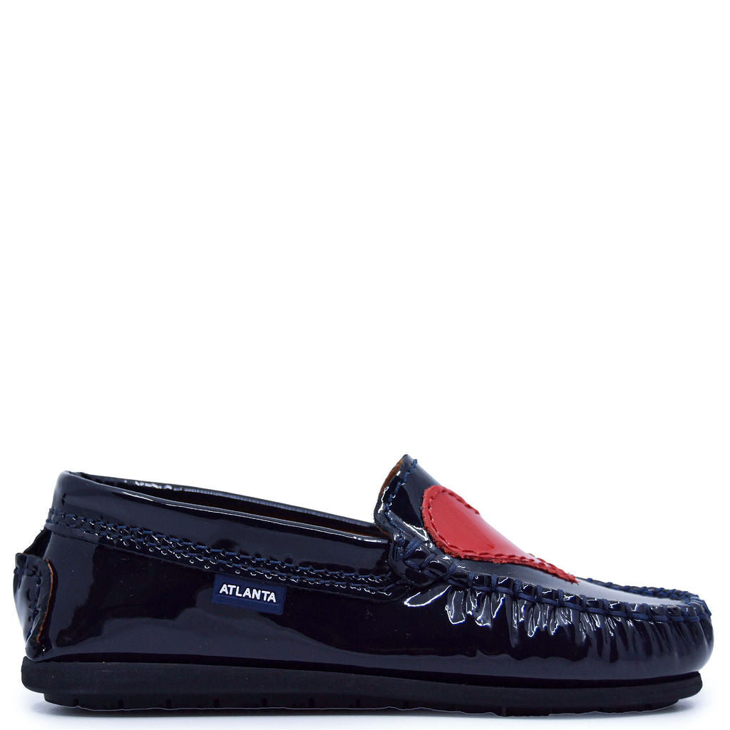 Atlanta Moccasin Loafers for Women - Navy & Red Patent Leather Heart Design - Comfortable Slip-On Shoes for Work, Casual & Dressy Occasions