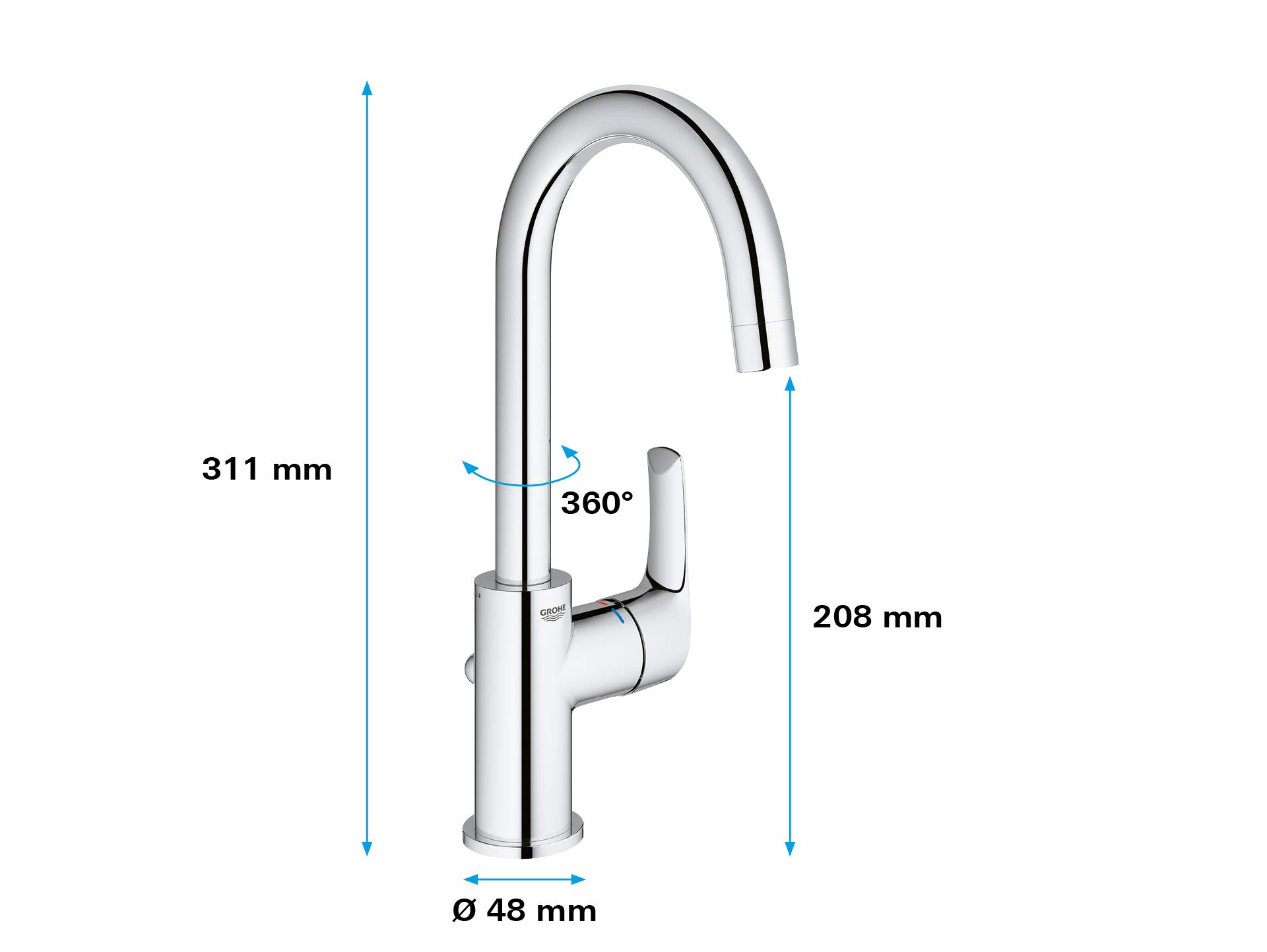 GROHE 23537002 Eurosmart Basin Faucet with Pop-Up Drain, High Swivel Spout, Chrome Finish - Perfect for Modern Bathroom Vanities and Powder Rooms