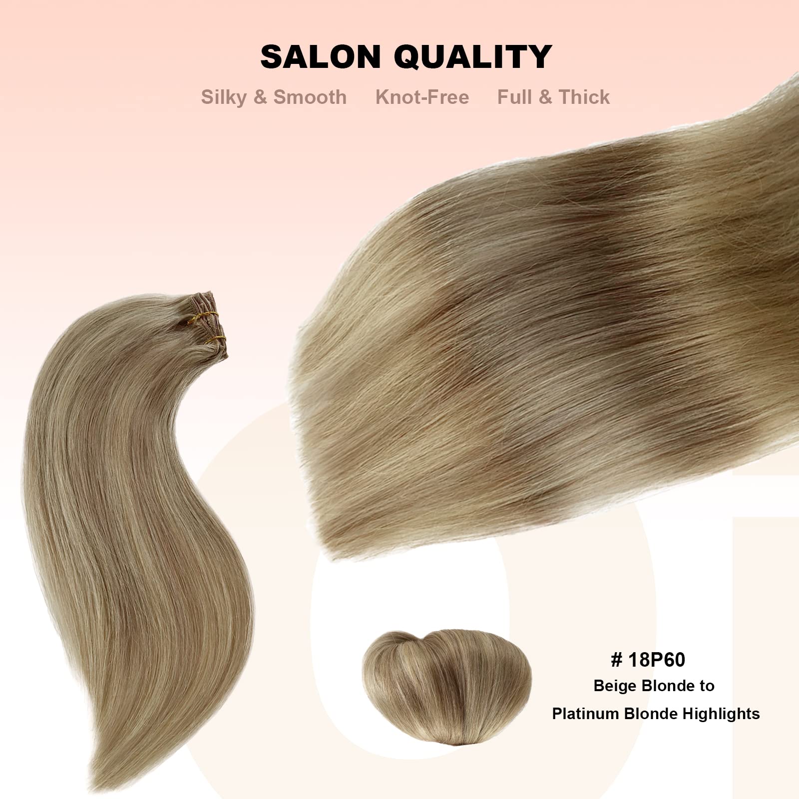 Premium Clip-in Hair Extensions - 22 Inch 7-Piece Blonde Highlighted Remy Human Hair Set (Beige & Platinum Blonde) with Invisible Clips for Natural Volume & Length - Perfect for Parties, Weddings & Daily Styling