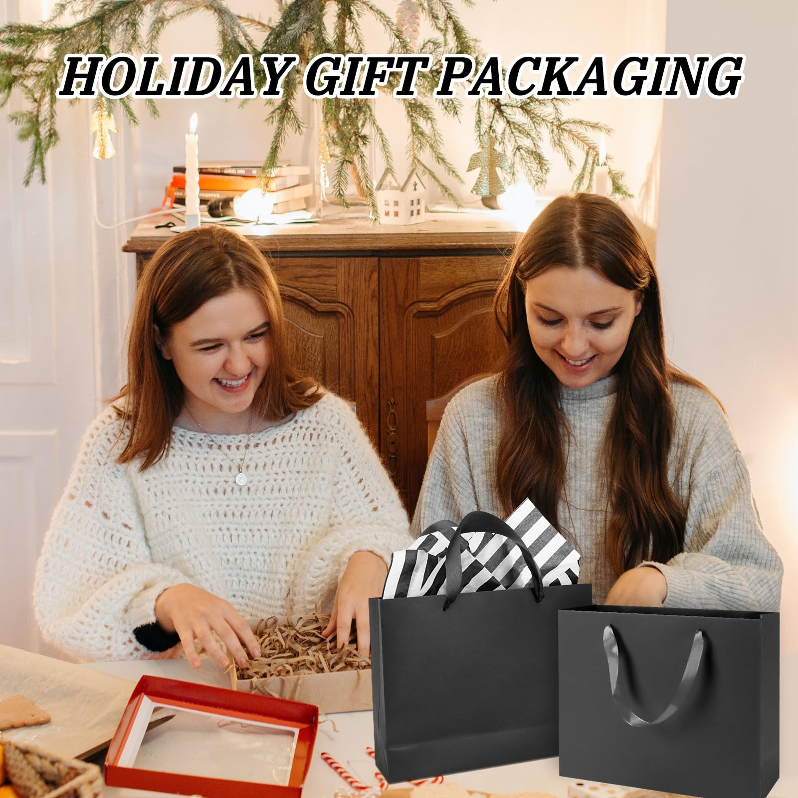Rcybeo 15 Pack 10.6x3.1x8.3 Inch Black Gift Bags with Tissue Paper & Ribbon Handles - Elegant Retail, Grocery, Boutique Packaging for Weddings, Birthdays, Parties & Gifts - Perfect for Holiday, Corporate & Special Occasion Gift Wrapping