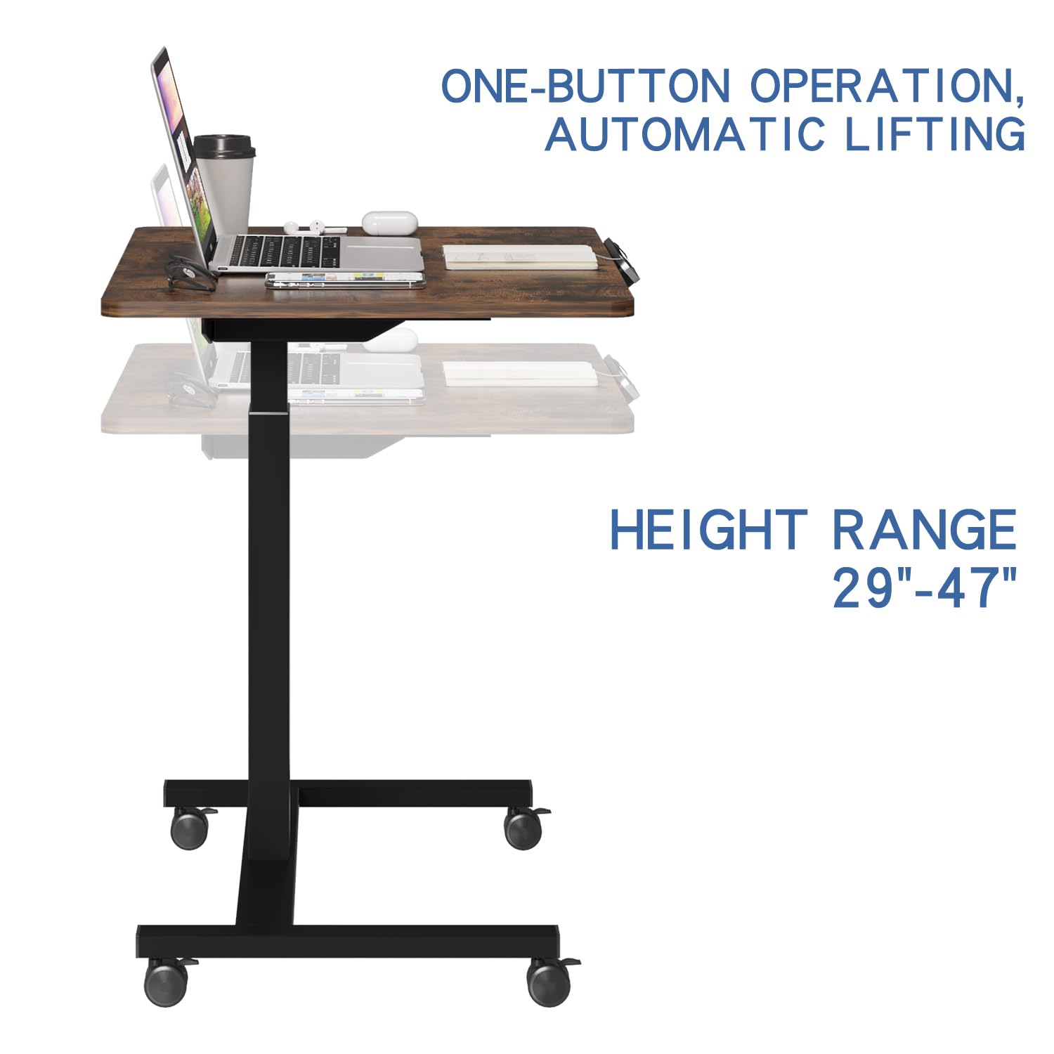 BilBil Electric Standing Desk with Lockable Wheels - 32x24 Inch Height Adjustable Sit to Stand Workstation, Mobile Rolling Computer Desk for Home Office, Overbed Laptop Table, Portable Workstation (Rustic Brown) | Perfect for Small Spaces, Remote Work & Bedroom Office Setup