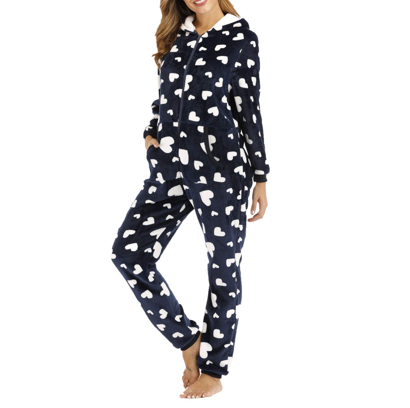 Women's Fleece Hooded Jumpsuit with Long Sleeves & Zipper - Cozy Printed Lounge Wear for Home (Dark Blue, XXL) | Perfect for Winter Relaxation, Lounging & Casual Outings