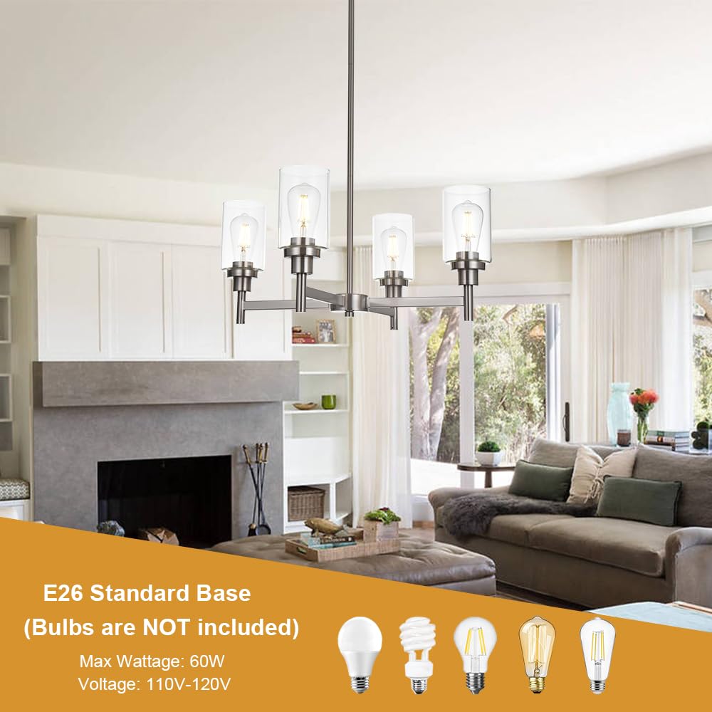 VINLUZ 4-Light Modern Chandelier - Brushed Nickel Pendant Lighting with Clear Glass Shades - Contemporary Ceiling Light Fixture for Dining Room, Kitchen & Living Room - Perfect for Home Decor, Interior Lighting and Modern Housewarming Gifts