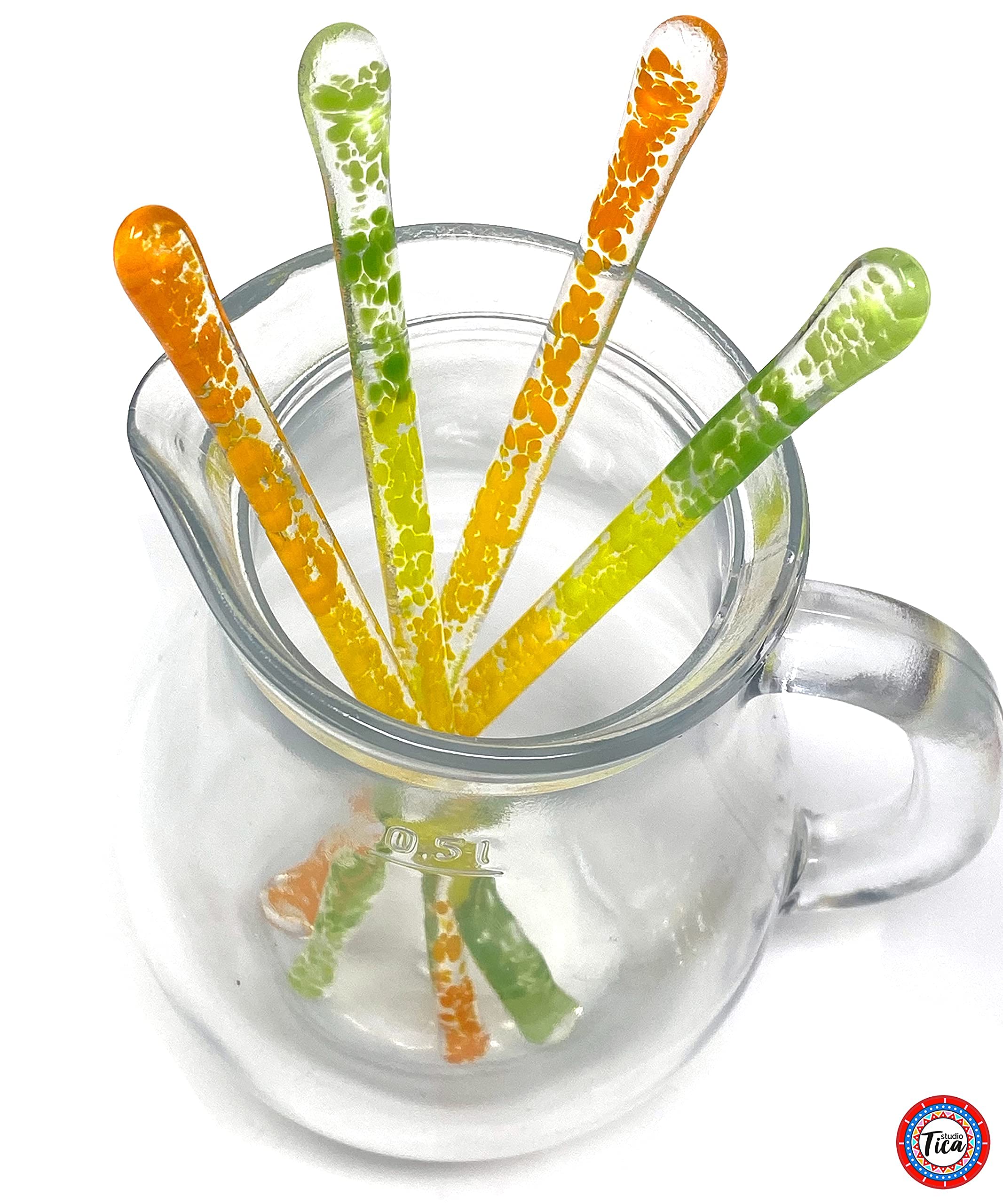 Handmade Glass Stirrers Set of 4 - 7.25 Inch Cocktail & Coffee Stir Sticks with Gift Box - Citrus Sunshine Paradise Collection - Perfect for Mixing Drinks, Iced Coffee & Home Bar Accessories