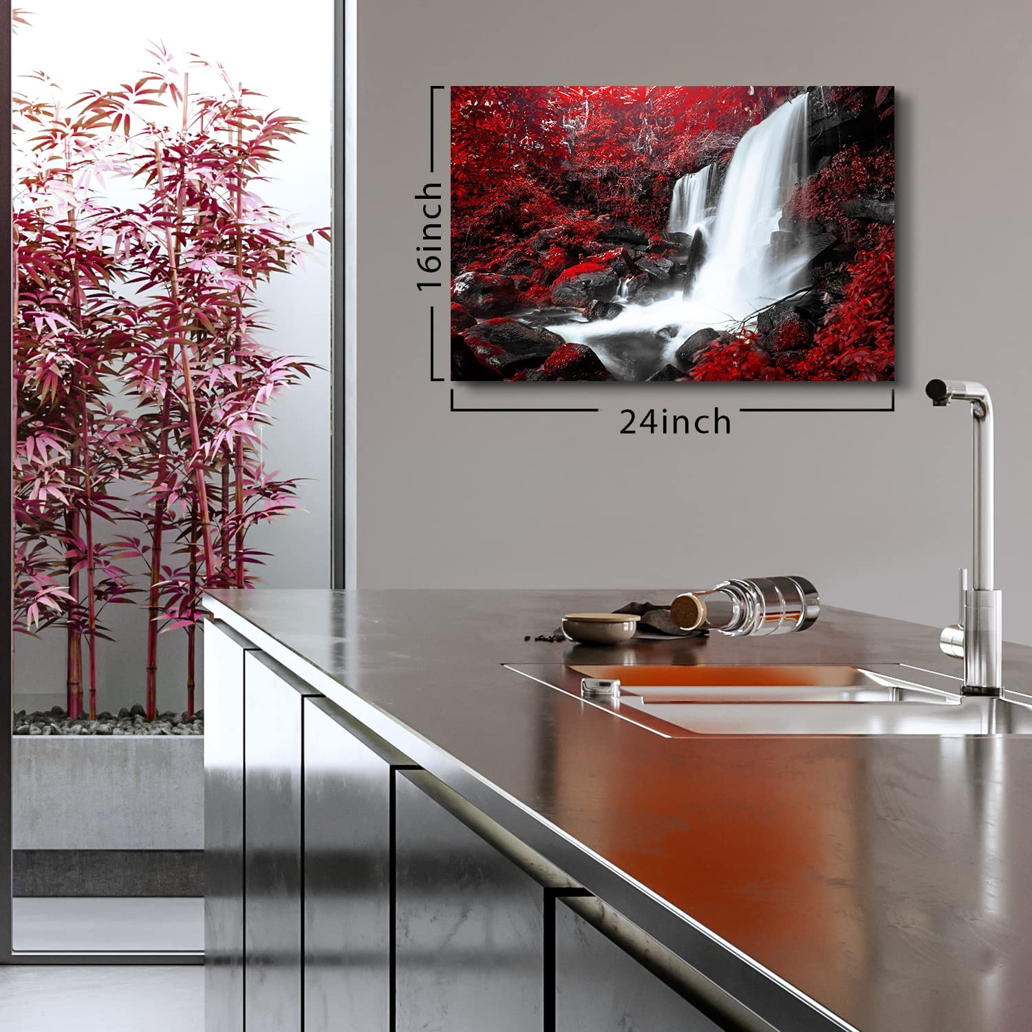 Nature Wall Art Waterfall Landscape Canvas Print - Red & Black Mountain Forest Scenic Painting for Bedroom, Bathroom, Living Room Decor - 16x24 Inch Tropical Trees Artwork | Perfect for Home, Office & Spa Relaxation Spaces