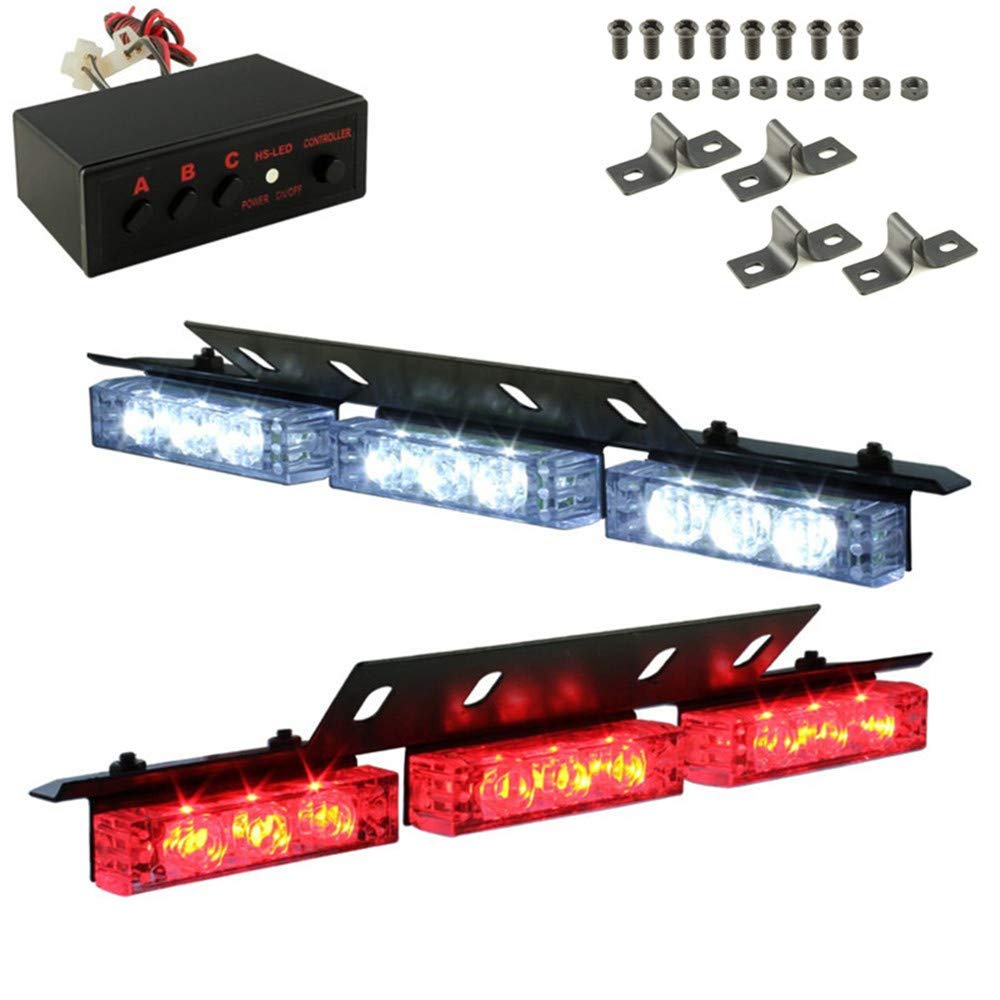 18 LED High Intensity Emergency Strobe Lights - Red/White Hazard Warning Dash Lights for Law Enforcement & Vehicles | Interior Windshield Mount for Police, Security & Roadside Safety