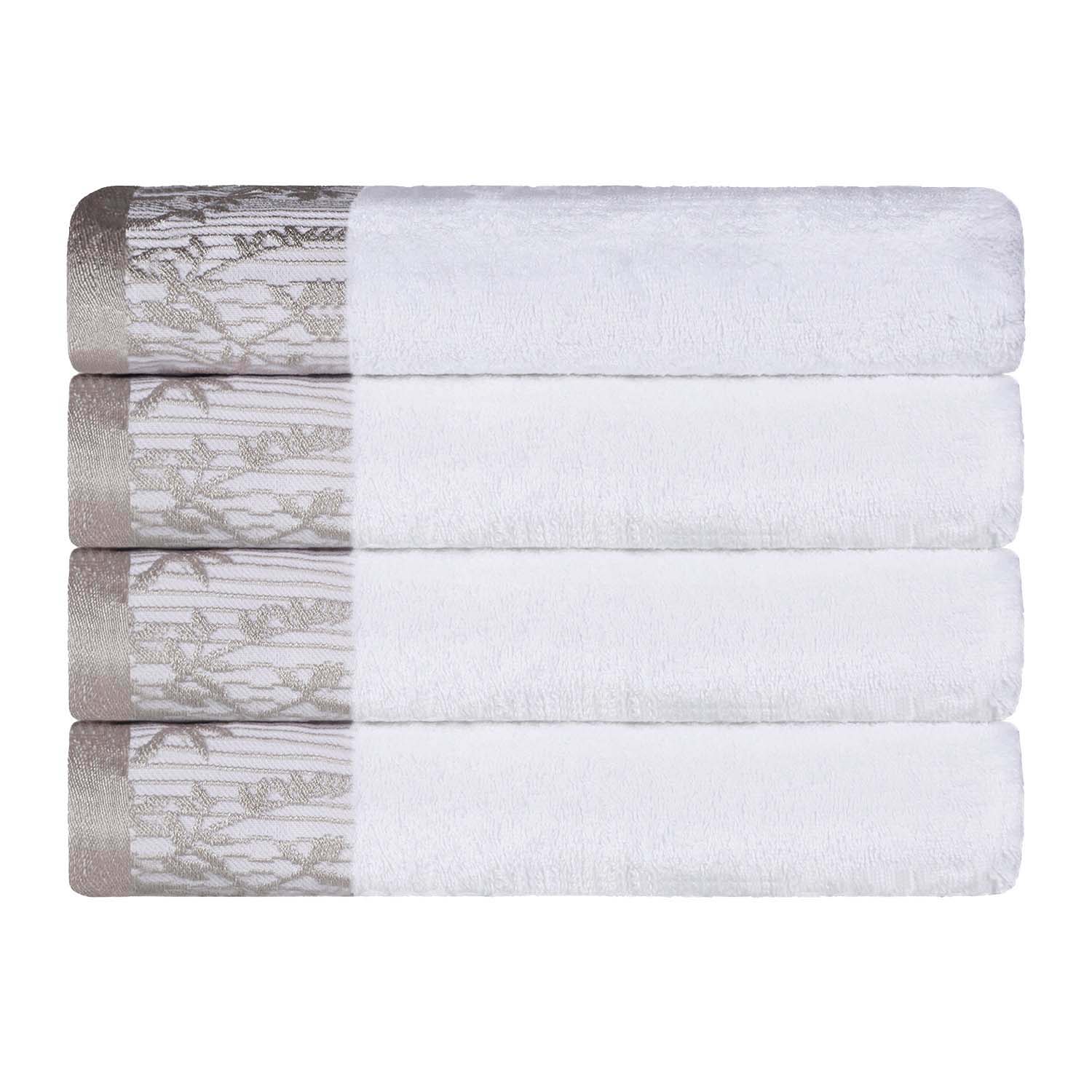 Premium Wisteria Cotton Floral Embroidered Jacquard Border Bath Towel Set of 4 - Ultra Soft & Absorbent Luxury Towels for Spa, Bathroom & Guest Use