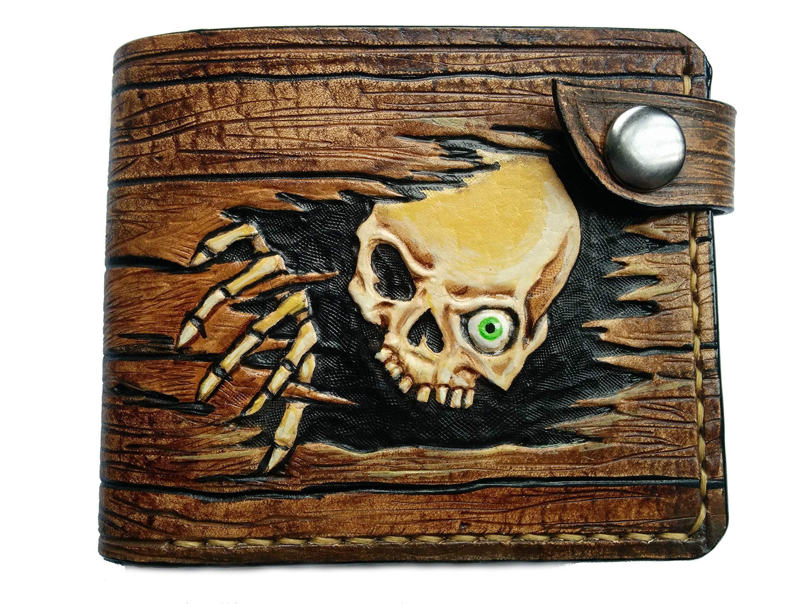 Gothic Skull & Skeleton Design Men's Leather Bifold Wallet - RFID Blocking Genuine Leather Biker Wallet with Wood Effect & Bone Embossing - Handmade Custom Airbrush Art Personalized Wallet for Motorcycle Enthusiasts & Gothic Fashion Lovers