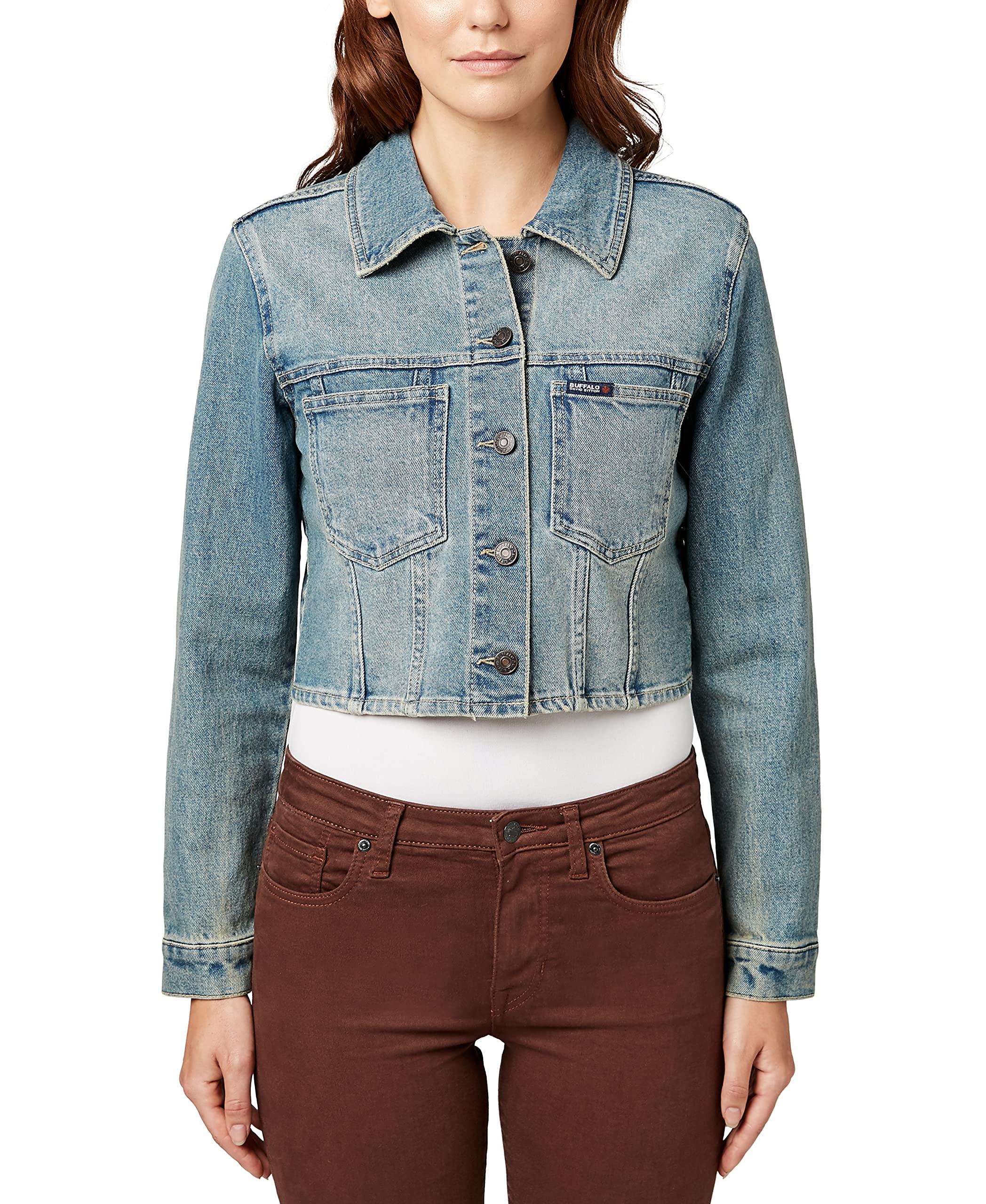 Buffalo David Bitton Women's Tina Cropped Denim Jacket - Stylish Distressed Light Blue Denim Jacket for Women | Perfect for Casual Outfits, Spring Layering & Streetwear Fashion