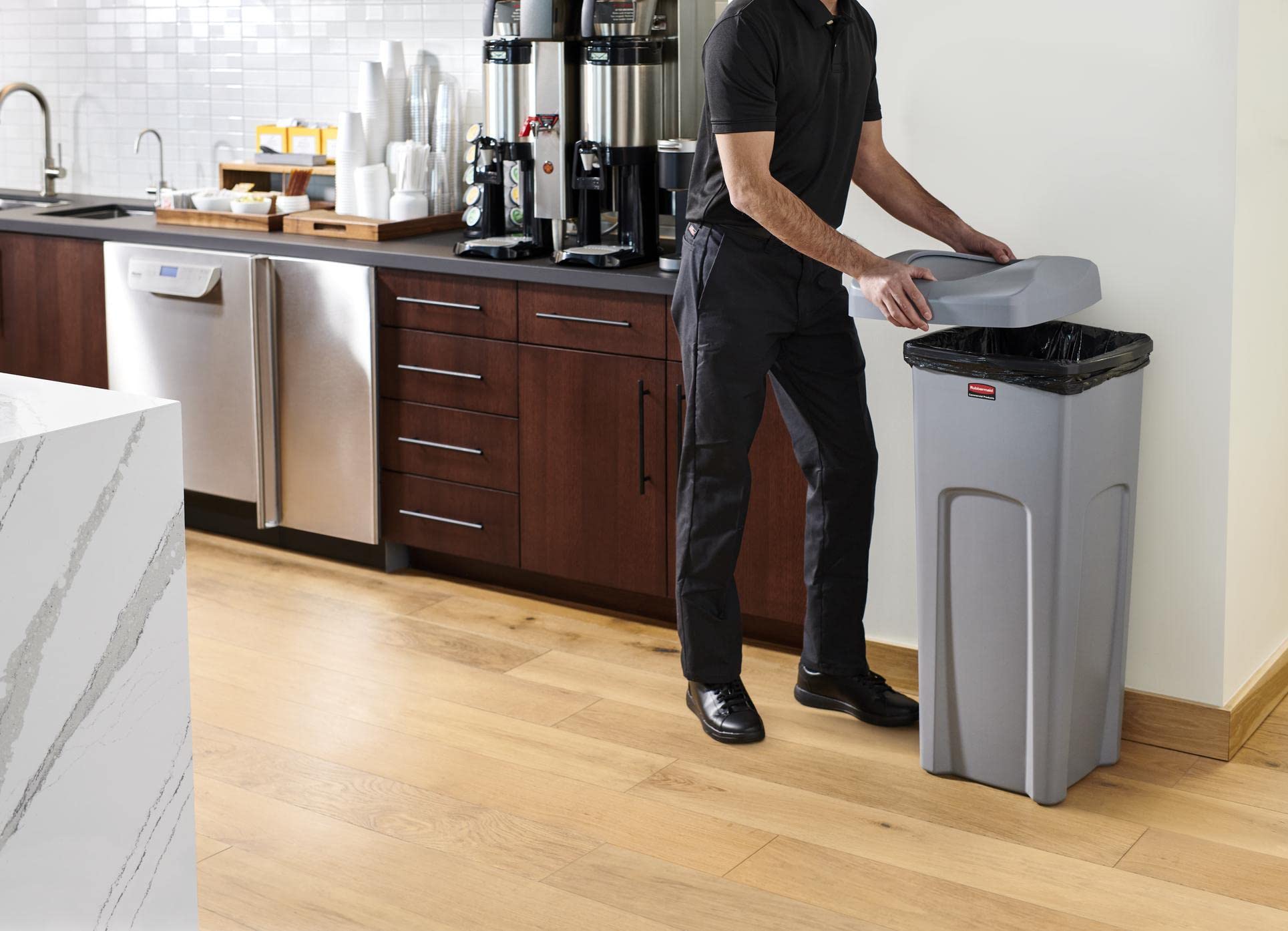 Rubbermaid Commercial 23-Gallon Swing Lid Trash Can - Durable Rectangular Beige Garbage Bin for Kitchen, Office & Restaurants - Model 2001584