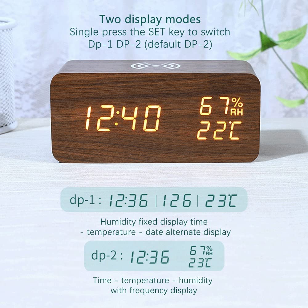 Digital Alarm Clock with Temperature & Humidity Display - Wireless Charger for Smartphones, LED Display, Brown - Perfect for Bedroom, Office, and Travel Use
