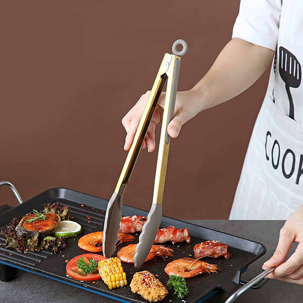 Premium Gold Cooking Tongs - Heavy Duty Stainless Steel Kitchen Tongs with Heat-Resistant Silicone Tips & Titanium Gold Plated Handle for Grilling, BBQ, Serving, Baking & Salad Tossing - Dishwasher Safe & Easy Clean Kitchen Utensils for Professional Chefs & Home Cooking