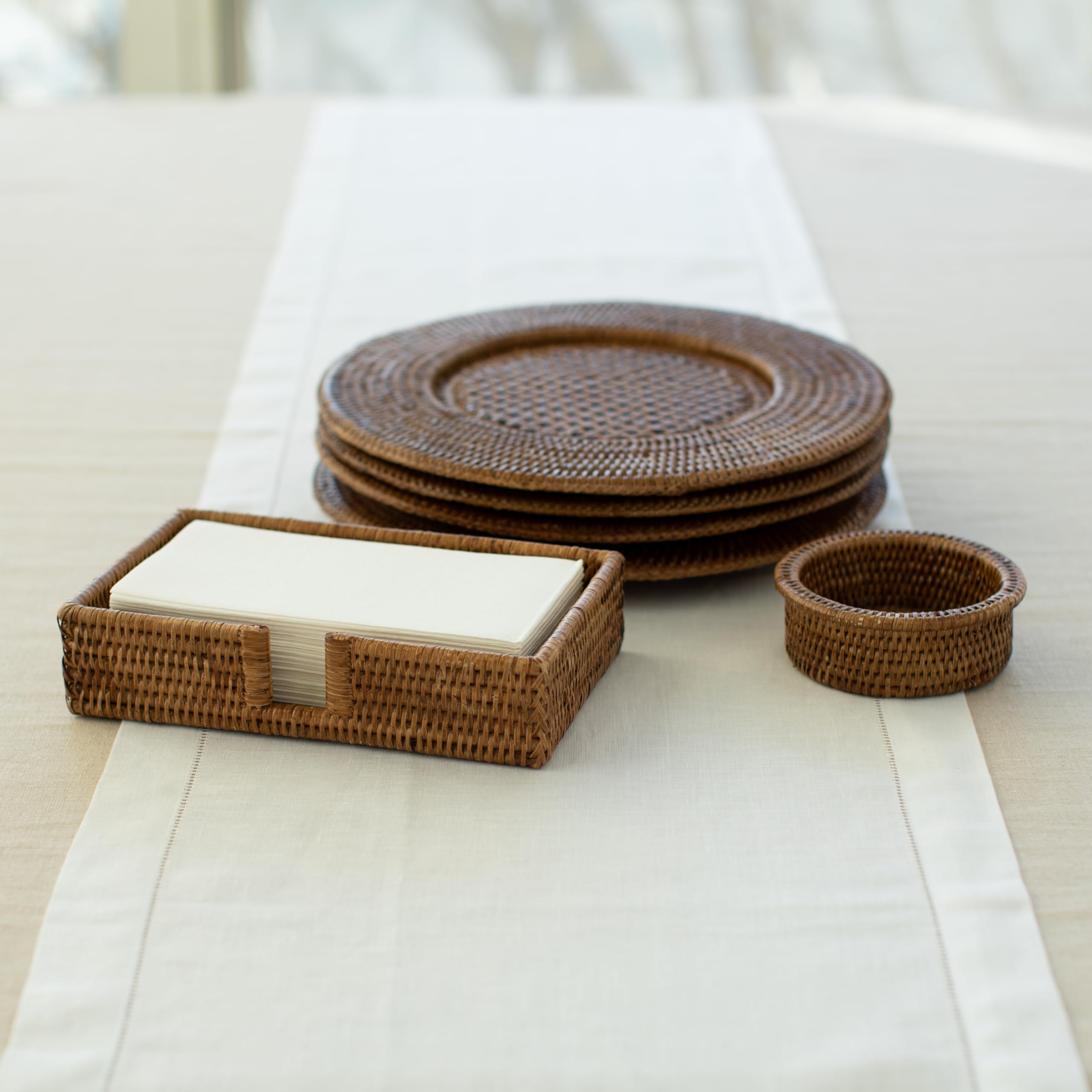 Caspari Rattan Round Plate Charger Set of 4 - Dark Natural Brown Dinner Plates for Wedding, Party & Home Decor - Eco-Friendly Placemats for Table Setting