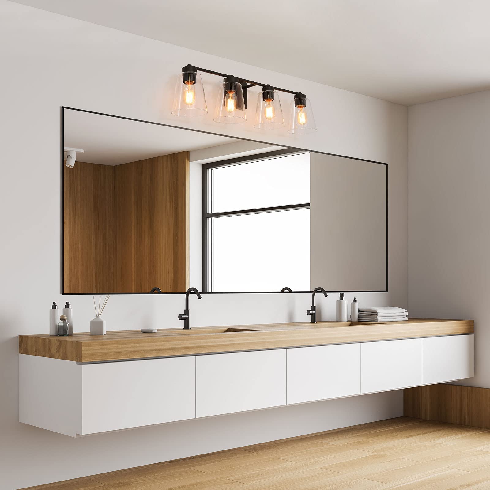 4-Light Black Farmhouse Bathroom Vanity Light Fixture - Extra Large Rustic Bathroom Lighting with Clear Glass Shade (29’’L × 6.5’’W × 8’’H) - Perfect for Modern Farmhouse, Rustic & Vintage Style Bathrooms