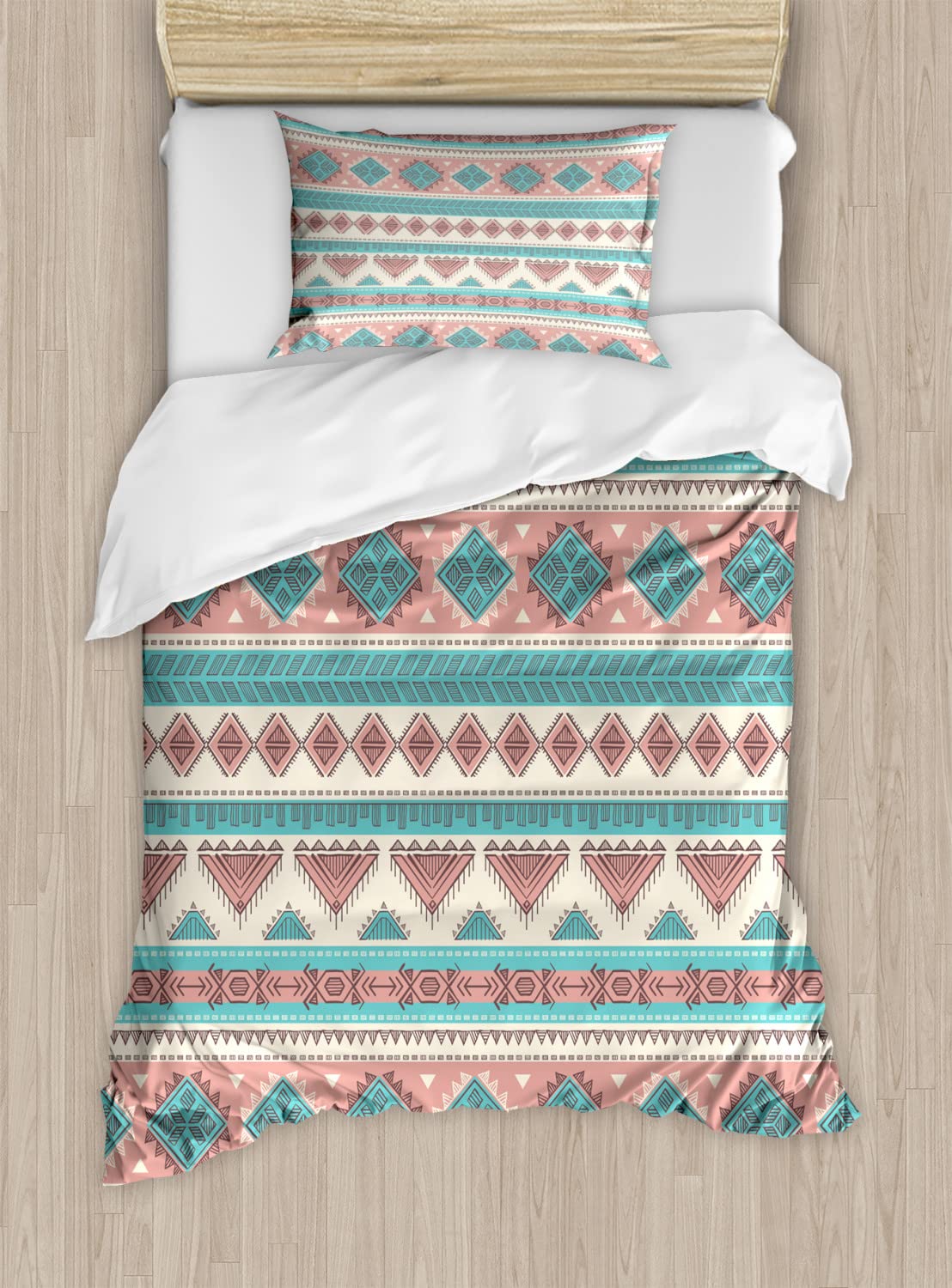 Ambesonne Tribal Duvet Cover Set - Vintage Native Style Geometric Triangle Print Bedding Set | 2 Duvet Covers & 4 Pillowcases | 2-Pack Queen Size in Cream Aqua & Peach | Perfect for Boho Bedroom Decor, Guest Room & Dorm Room Styling