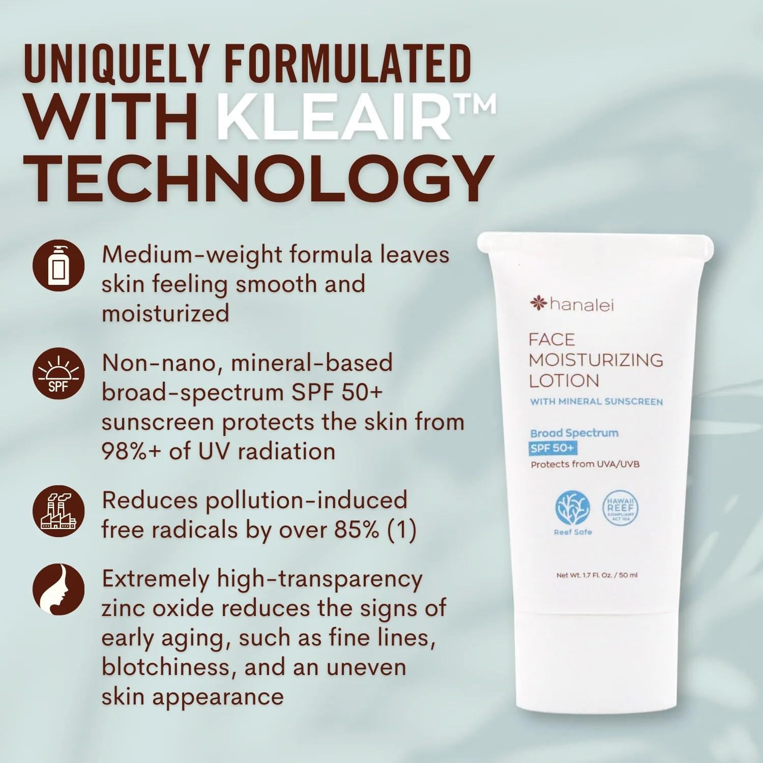 Hanalei SPF 50 Face Moisturizer with Zinc Oxide - Vegan, Reef-Safe Sunscreen for Sensitive Skin | No White Cast, Invisible Protection | 3-in-1 Hydrating Makeup Primer (1.7 oz) | Perfect for Daily Use, Beach Days & Outdoor Activities