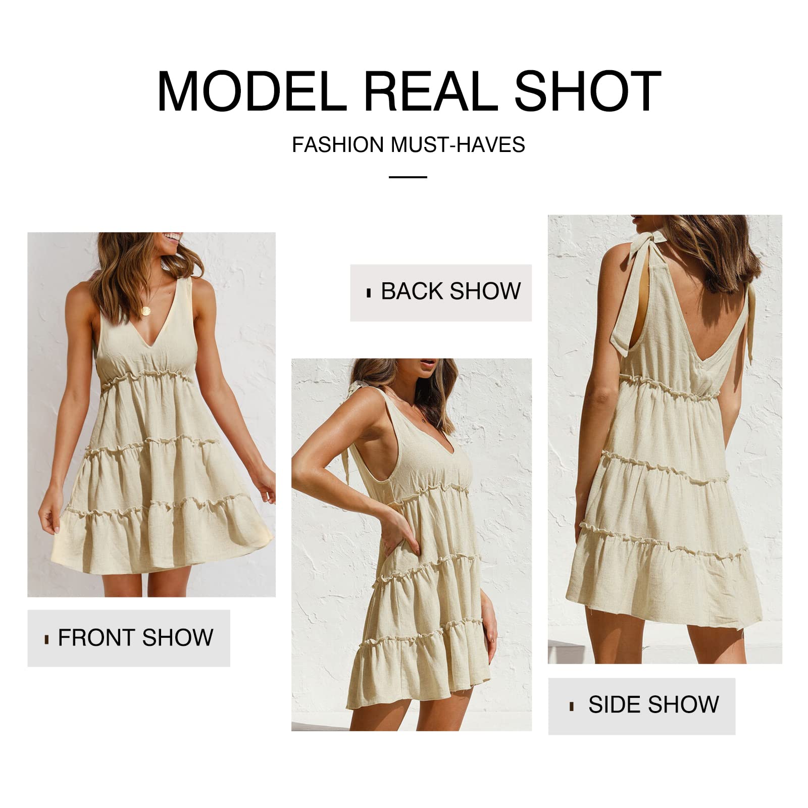 Anloli Women's Summer V-Neck Tie Strap Ruffle Sleeveless Mini Linen Dress - Perfect for Beach Vacations, Date Nights & Casual Outings
