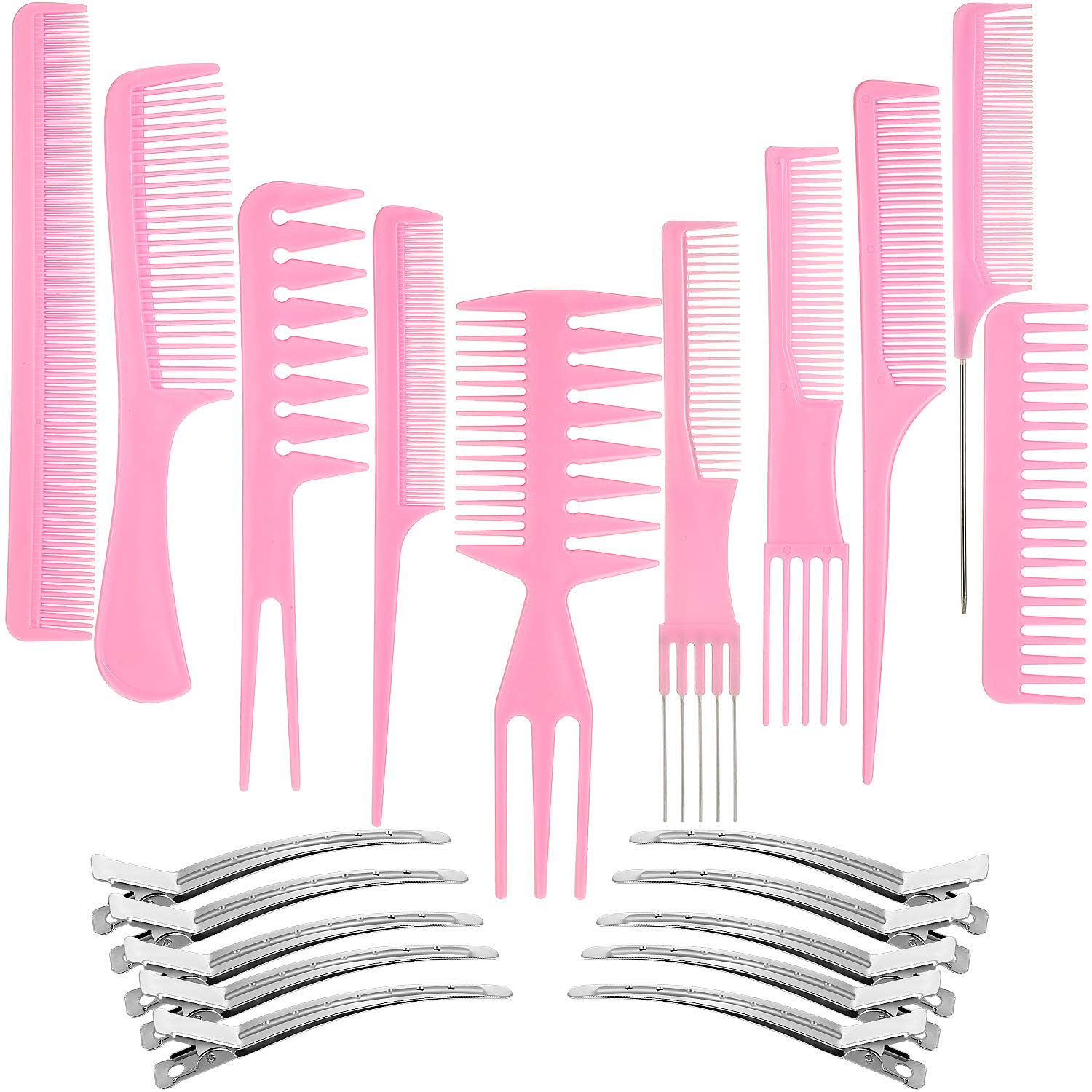 10-Piece Professional Hair Styling Comb Set with Duckbill Clips, Anti-Static Combs & Metal Hair Clips - Salon & Barber Tools for Styling, Cutting & Blowouts (Pink) - Perfect for Home Haircuts, Salon Styling & Professional Grooming