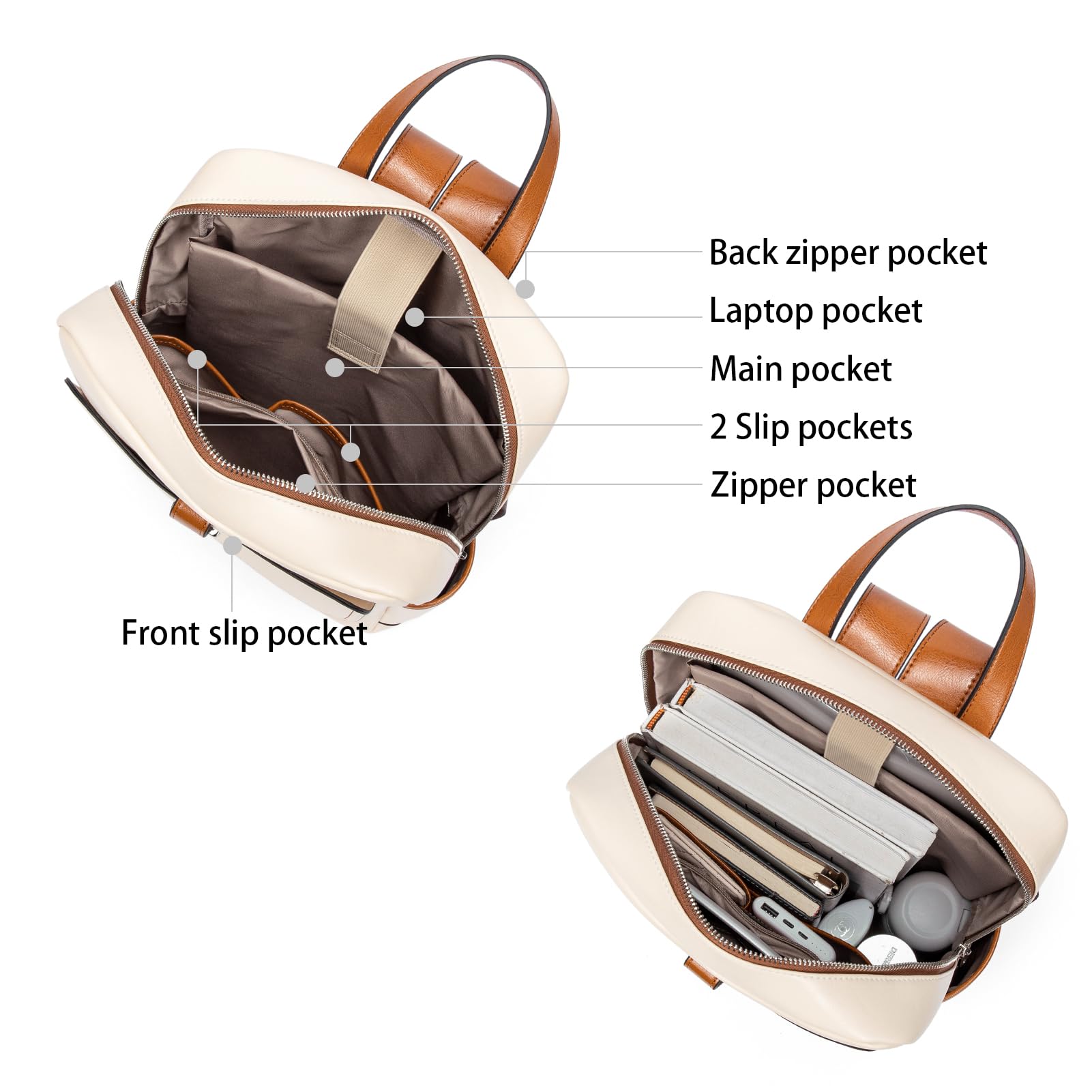 BOSTANTEN Women's Leather Laptop Backpack 15.6 Inch - Stylish College Work Travel Bag for Women, Beige-White - Perfect for Office, School & Business Trips