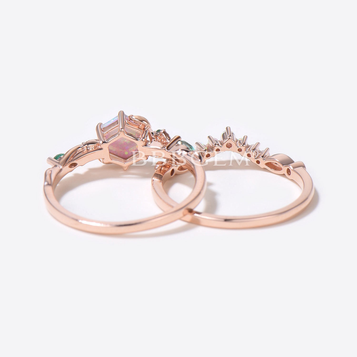 10K Rose Gold Hexagon Cut White Opal Engagement Ring Set - Nature Inspired Leaf Vine Bridal Ring with October Birthstone | Perfect for Weddings, Anniversaries & Nature-Themed Jewelry Lovers
