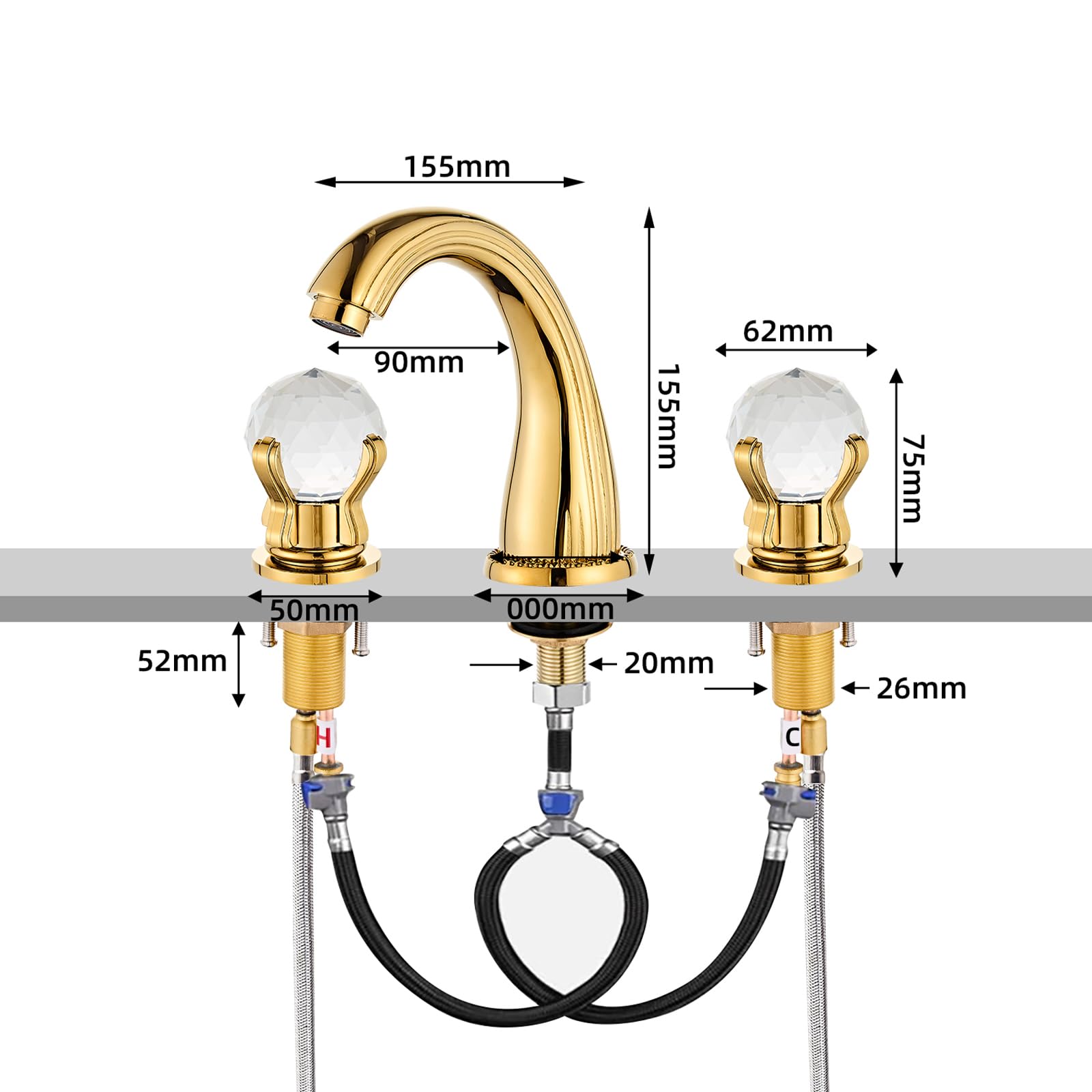 Premium 3-Hole Widespread Brass Bathroom Sink Faucet with Crystal Handle - Gold Ti-PVD Finish - Deck Mount Mixer Tap for Modern Bathrooms & Powder Rooms