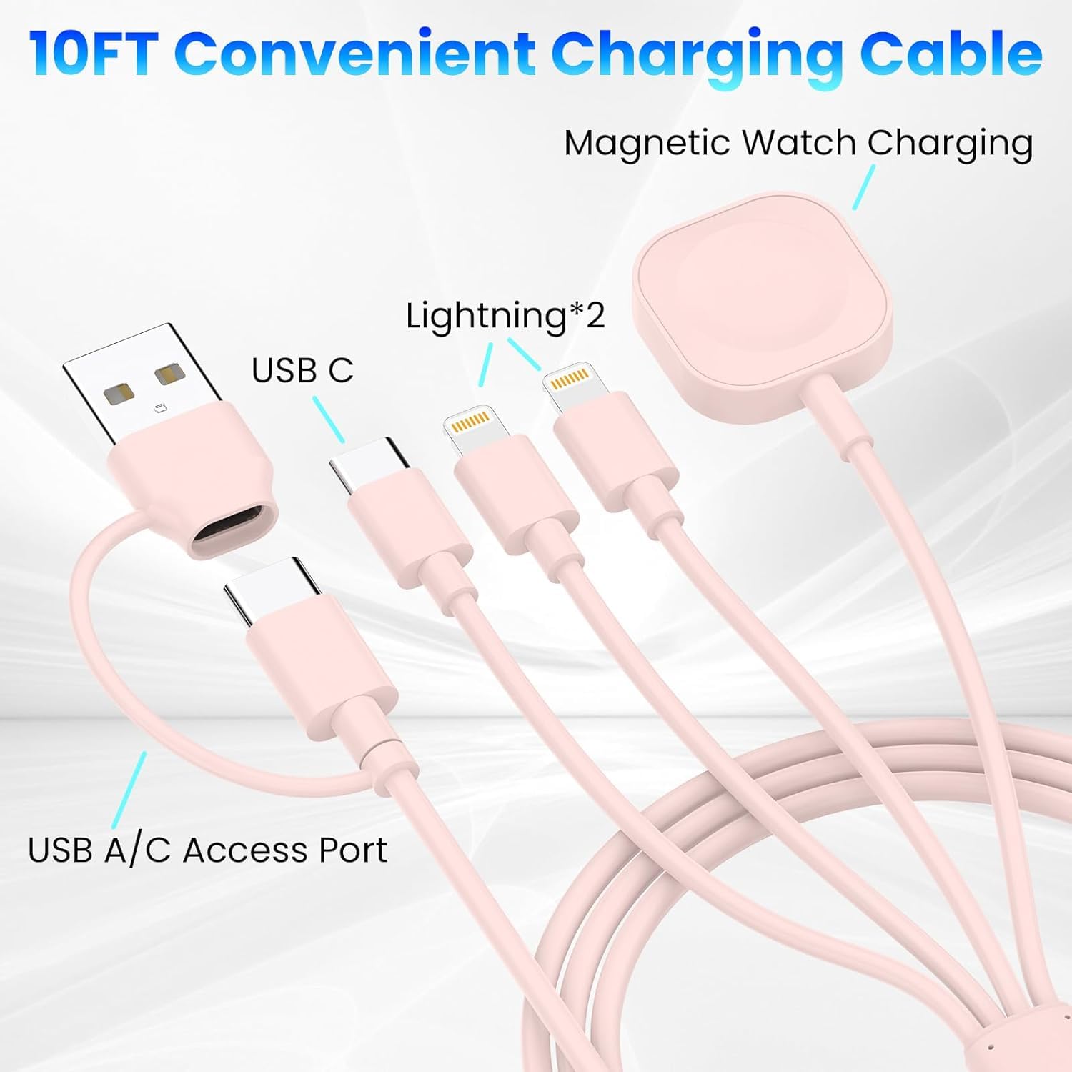 6-in-1 Magnetic Charging Cable 3M - Universal Fast Charger for Apple Watch Ultra/SE/9/8/7/6/5/4/3/2/1, iPhone 15/14/13/12/11, Samsung Galaxy & Google Pixel - Pink USB A/C Portable Travel Charger for Home, Office & Car Use