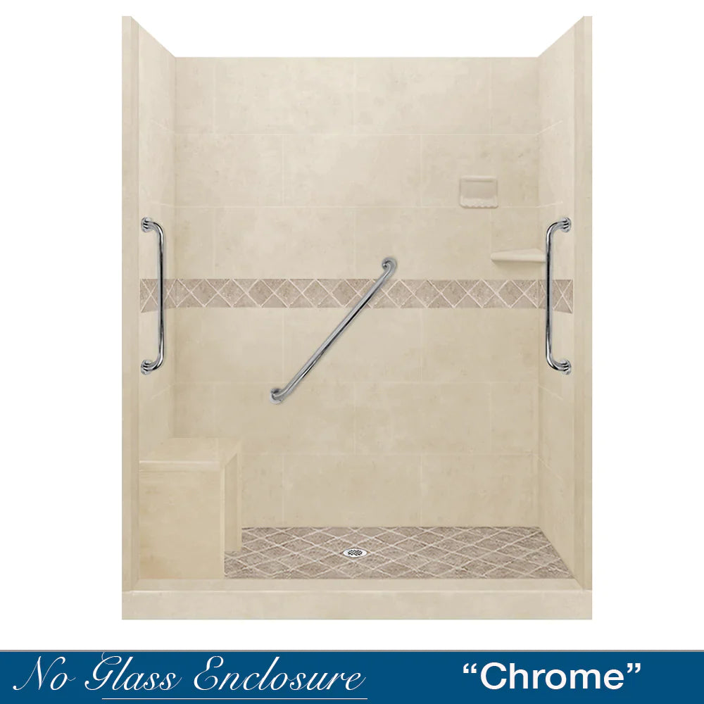 Freedom 60 Alcove Shower Kit - DIY Shower Remodel with Desert Sand Sistine Stone & Diamond Stone Accent | Includes Free Shampoo Niche | Easy Bathroom Upgrade for Home Renovation Projects