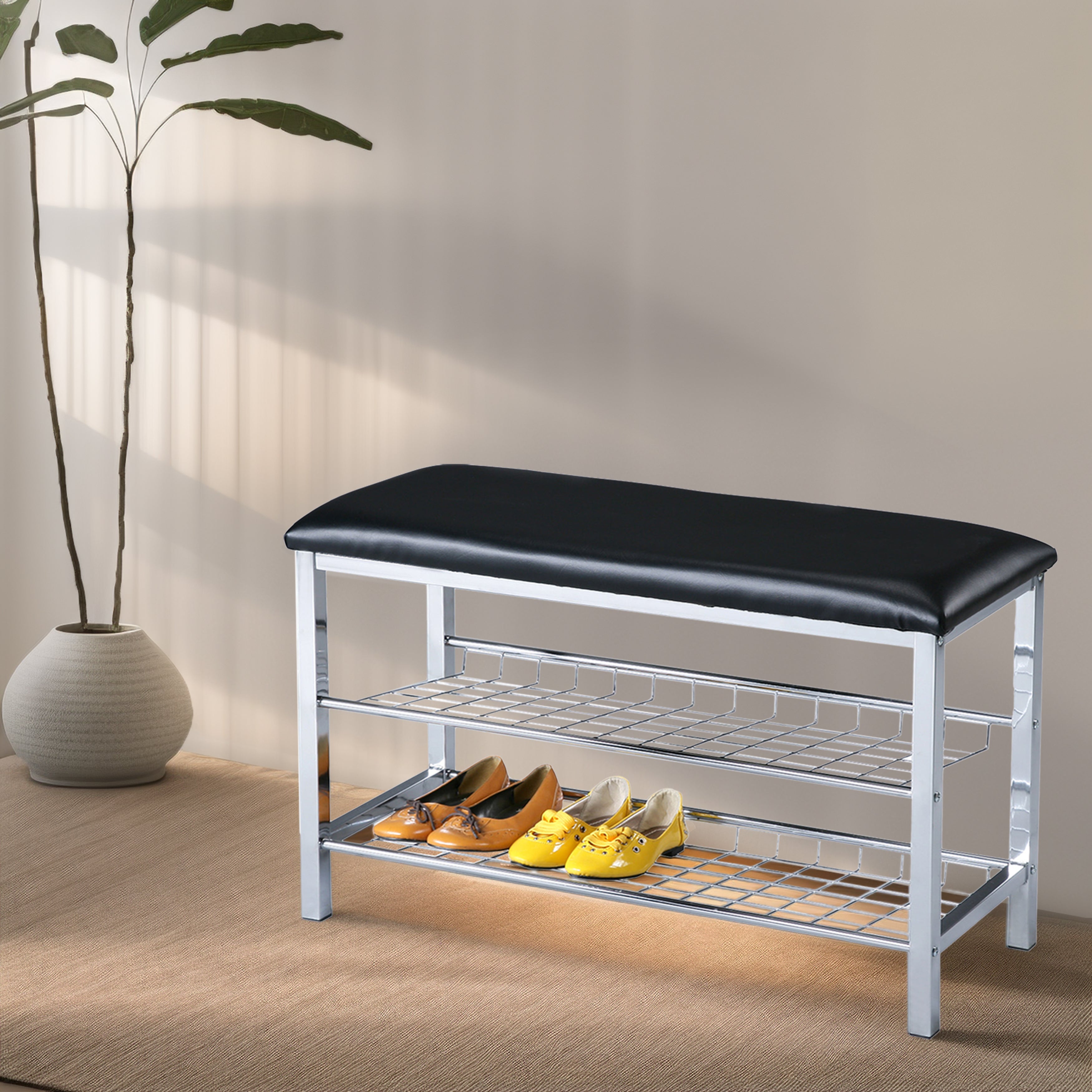 Roundhill Furniture Metal Shoe Bench with Faux Leather Seat - Chrome & Black Entryway Shoe Storage Bench for Hallway, Bedroom or Mudroom Organization