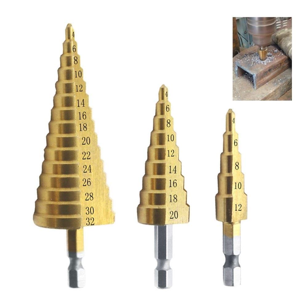 HSS Titanium-Coated Step Drill Bit Set (4-12mm, 4-20mm, 4-32mm) - High Speed Steel Cone Drill for Metal, Wood & Plastic - Hexagon Shank Power Tool for DIY, Carpentry & Metalworking Projects