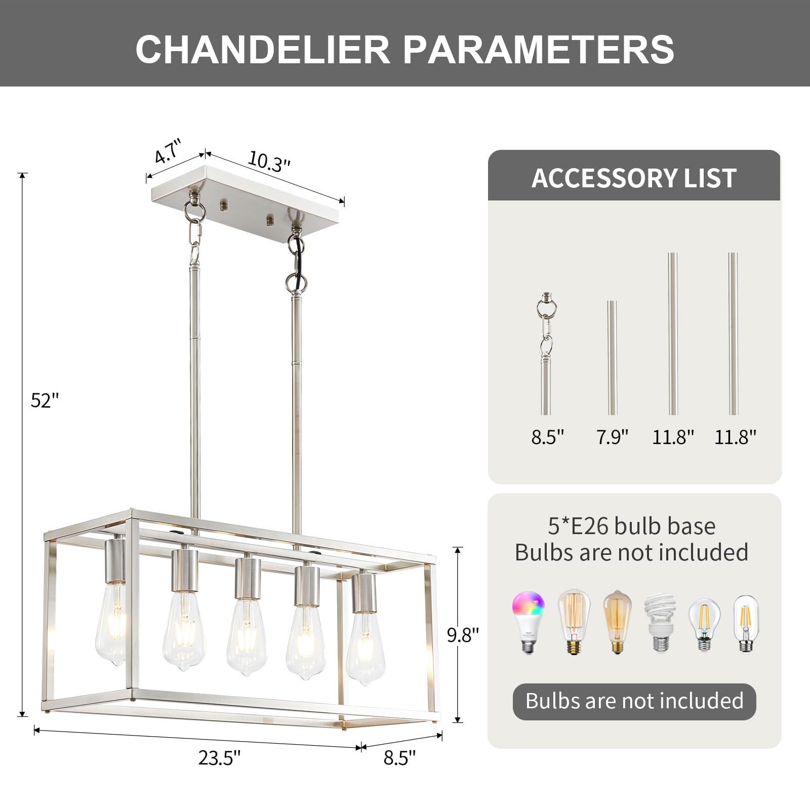 5-Light Modern Linear Pendant Lighting for Kitchen Island & Dining Room - Adjustable Height Brushed Nickel Chandelier with E26 Base - Perfect for Contemporary Home Decor & Restaurant Lighting