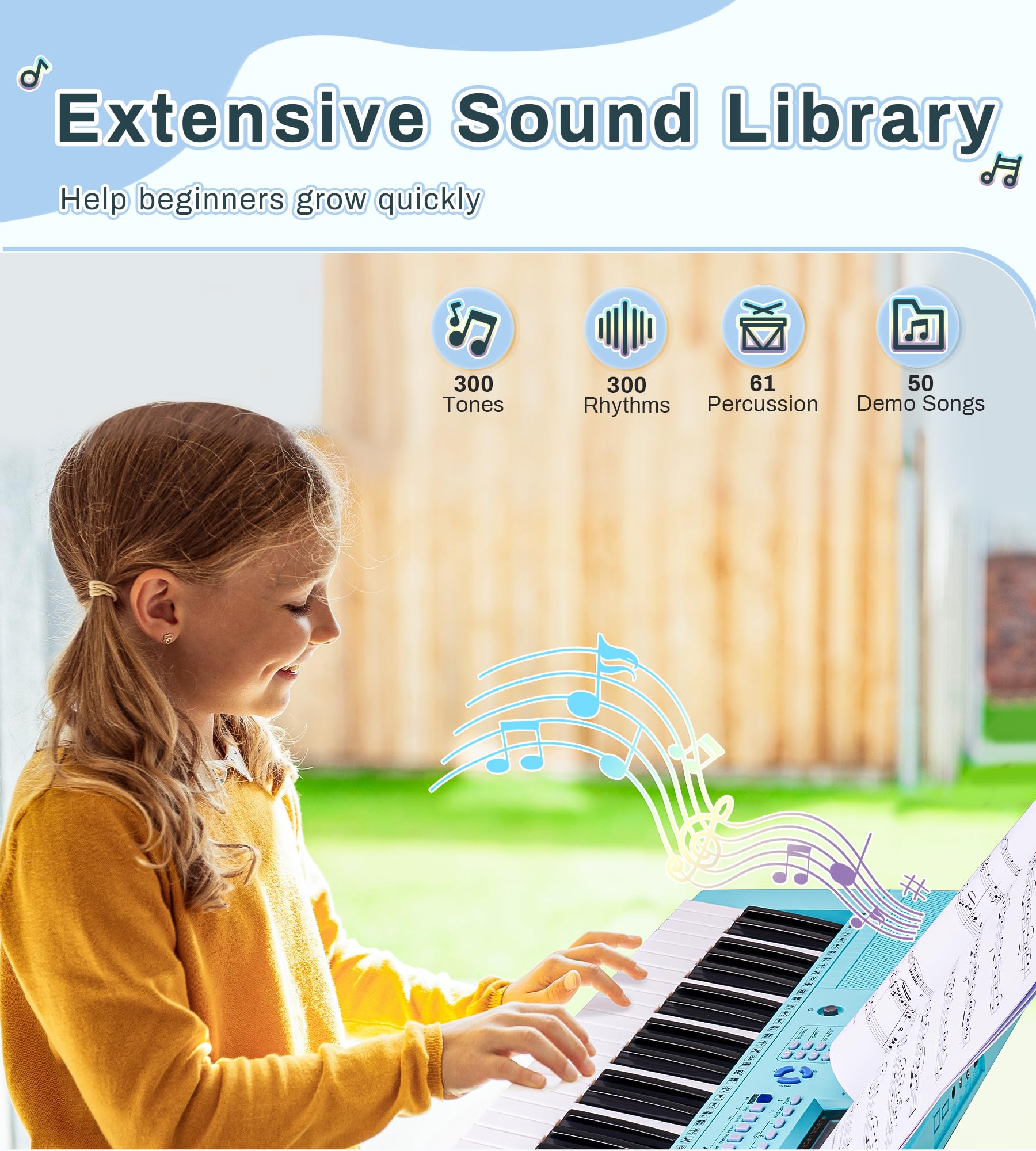 61-Key Electric Piano Keyboard for Beginners - 350 Tones, 350 Rhythms, 30 Demo Songs with LCD Display & Teaching Modes | Includes Headphones, Music Stand & Microphone | Perfect for Kids Learning Piano at Home (Blue)