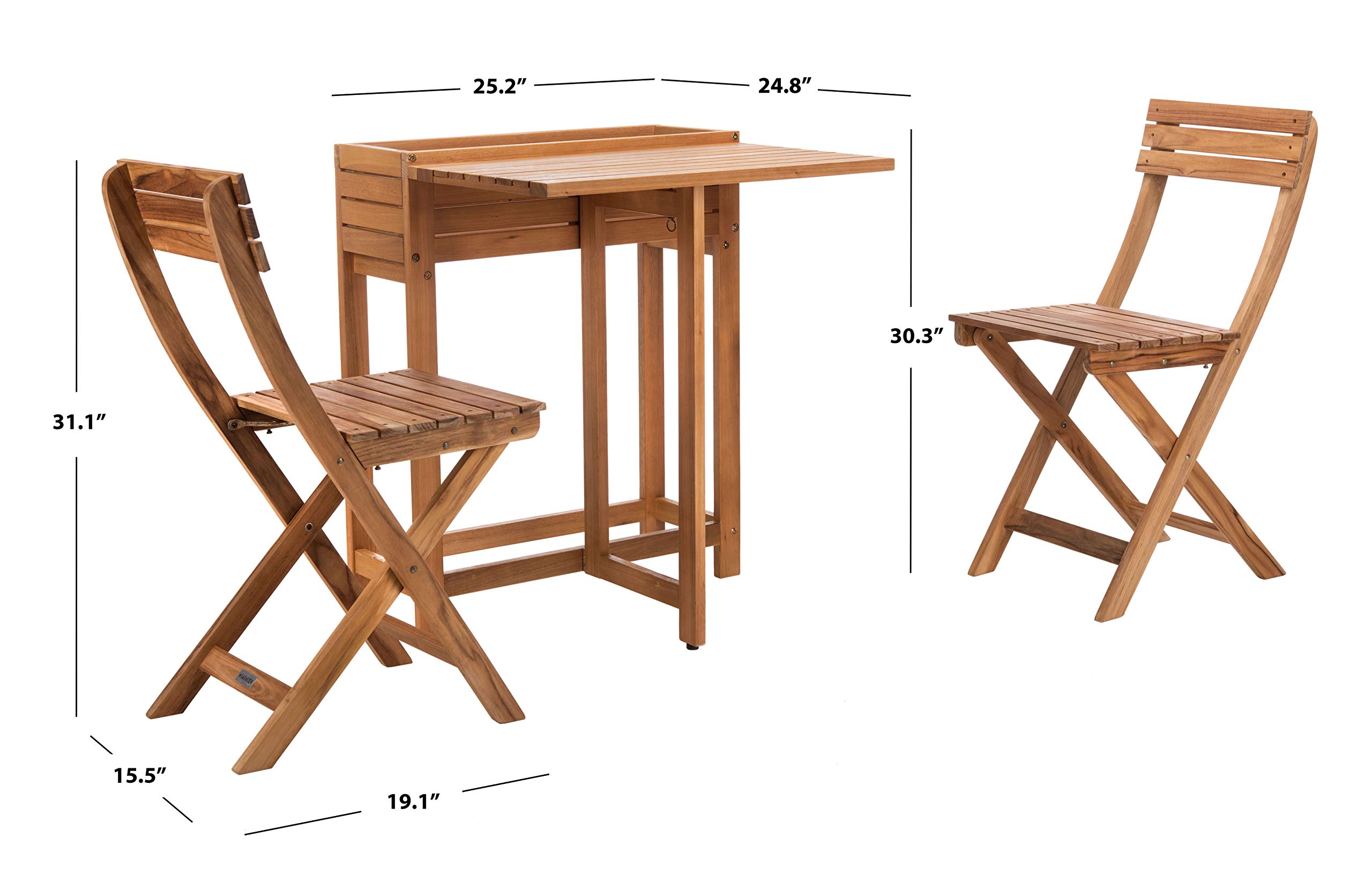 SAFAVIEH PAT7046A 3-Piece Outdoor Bistro Set - Natural Flower Shelf Design, Weather-Resistant Patio Furniture for Garden, Balcony & Backyard Dining