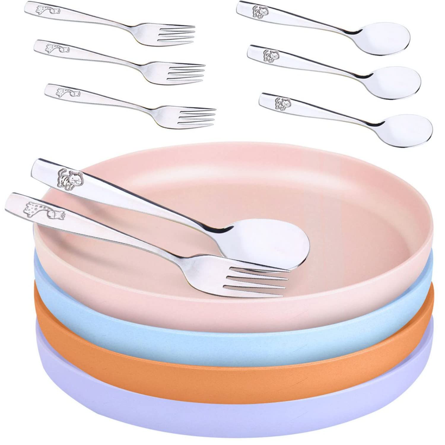 **Eco-Friendly Bamboo Plates for Kids & Toddlers - 12 Pack 8 Inch Dishwasher Safe Bamboo Plates with Stainless Steel Silverware Set - Perfect for Family Meals, Picnics & School Lunches**