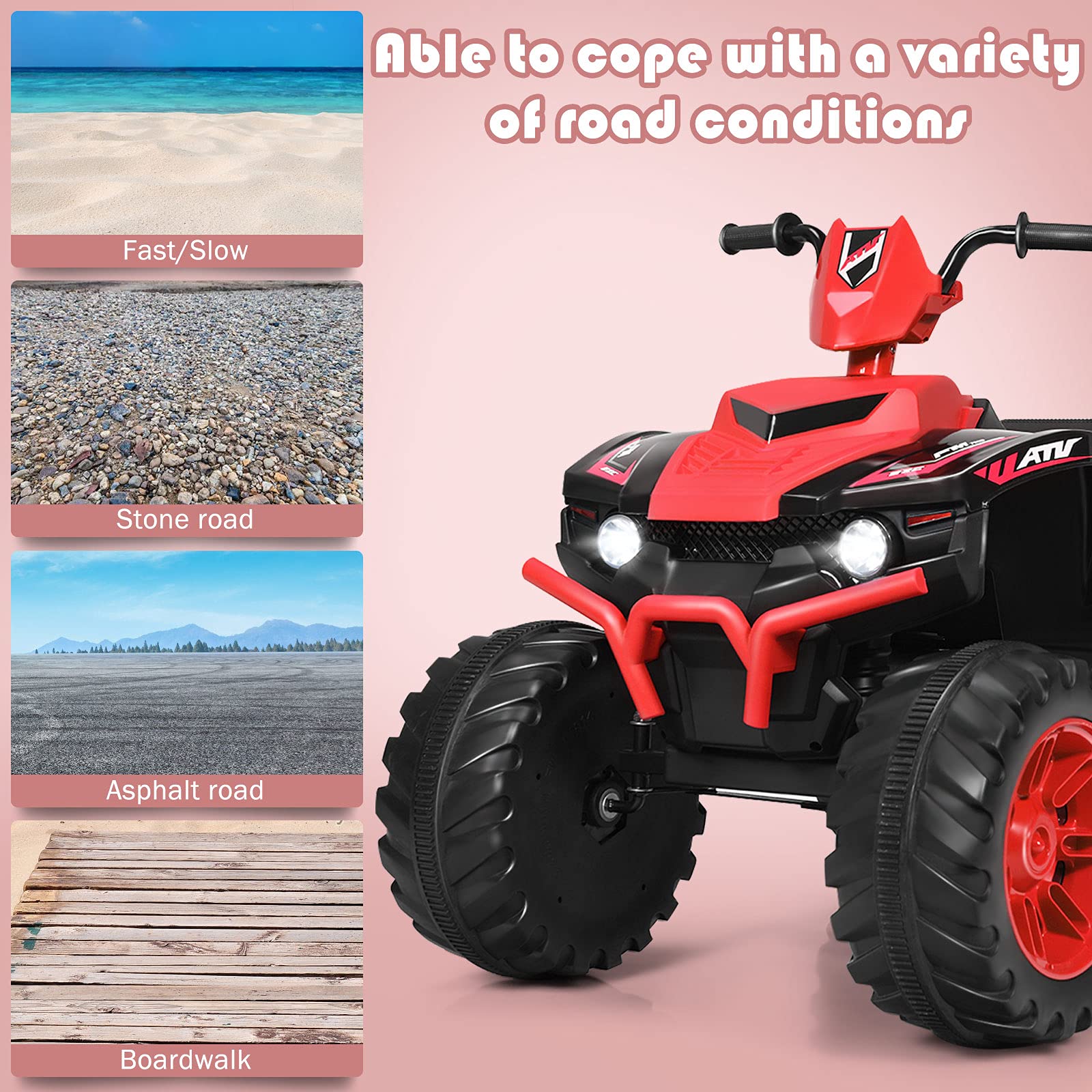 OLAKIDS 12V Kids Ride On ATV Electric Quad - 4 Wheeler Battery Powered Motorized Toy Car for Boys & Girls with LED Lights, Music & Horn - High/Low Speed & Soft Start (Red) - Perfect for Outdoor Play, Backyard Fun & Birthday Gifts