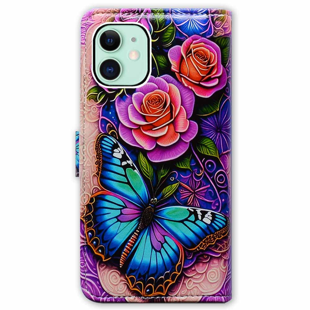 Premium Blue Butterfly Floral Rose Leather Flip Wallet Case for iPhone 11 with Card Slots & Kickstand - Perfect for Daily Use, Travel, and Hands-Free Viewing