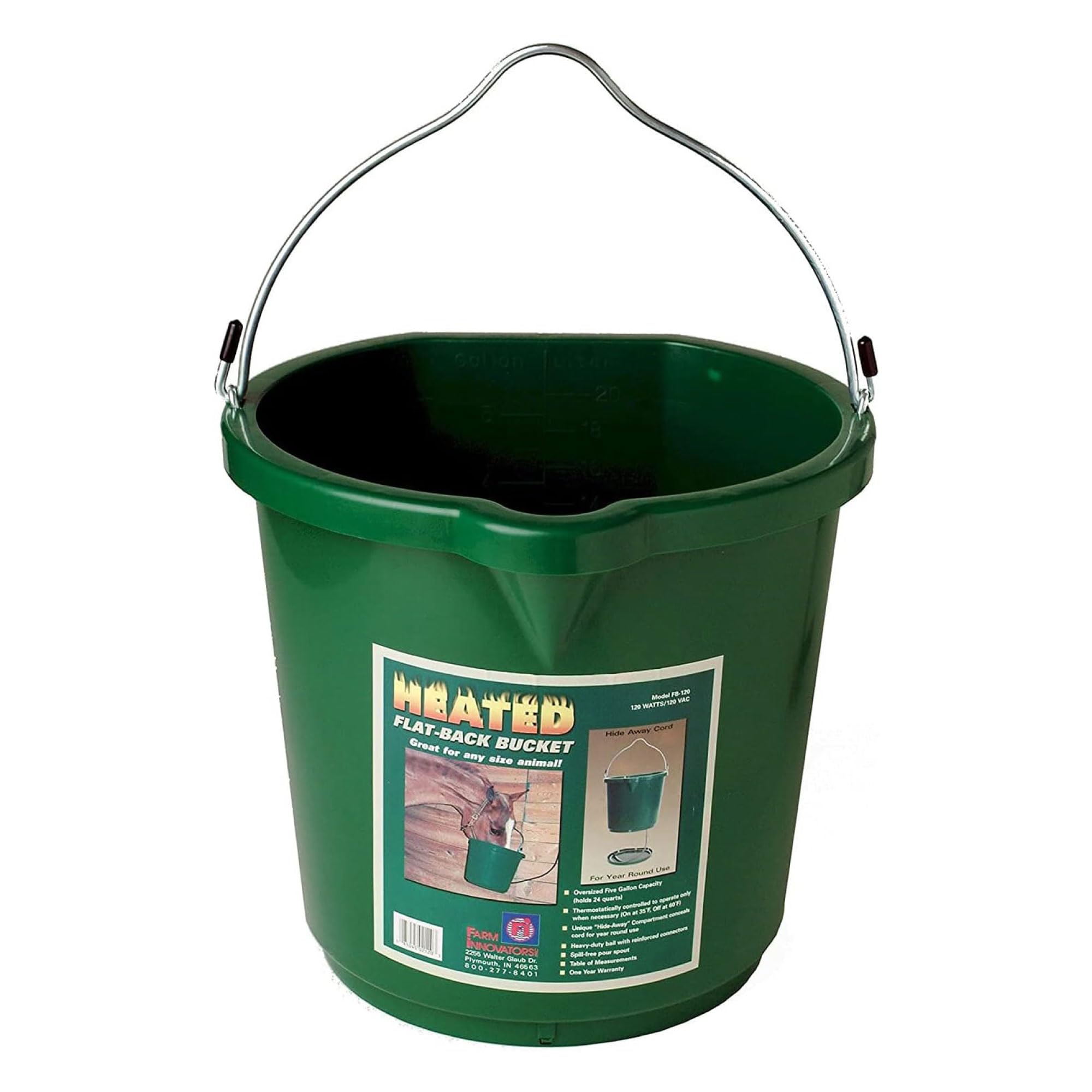 Farm Innovators FB-120 24 Quart Heated Plastic Bucket with Metal Handle - Thermostat Controlled, Hidden Cord Storage, 120W (2 Pack) for Livestock Watering in Winter & Outdoor Animal Care