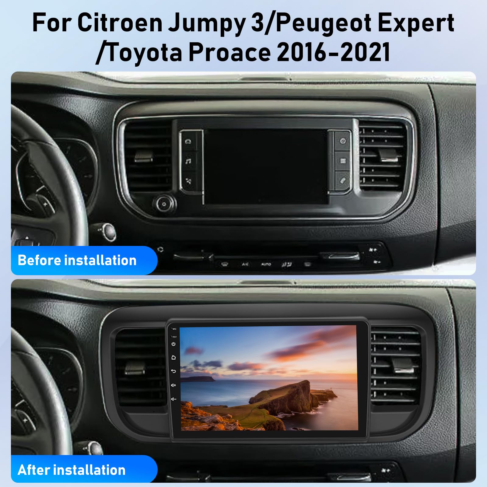 NHOPEEW Android 13 Car Stereo for Citroen Jumpy 3/Peugeot Expert/Toyota Proace 2016-2021 - Wireless CarPlay & Android Auto, WiFi GPS, Steering Wheel Control, EQ Split Screen + Backup Camera | Perfect for Hands-Free Calling, Navigation & Parking Assistance