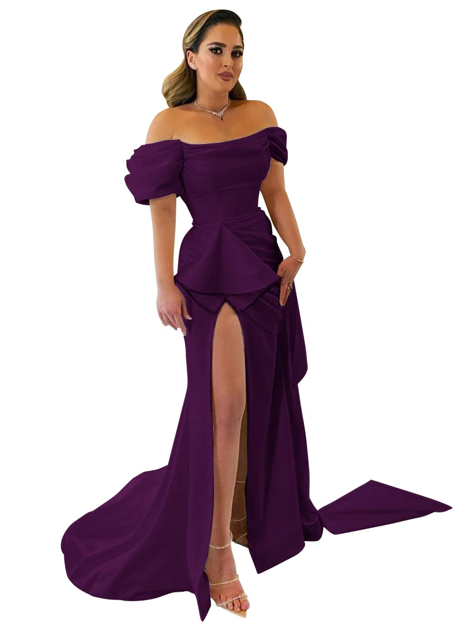 Elegant Puffy Sleeve Prom Dresses for Women | Off-Shoulder Beaded Mermaid Gown with Satin Slit | 2022 Formal Evening & Wedding Dress | Perfect for Homecoming, Prom Night & Black Tie Events