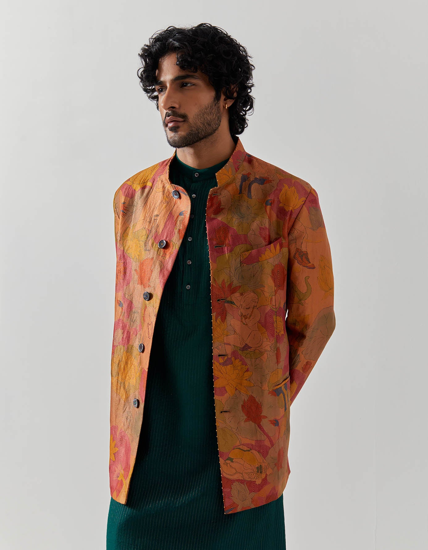 Luxury Bandhgala Silk Brocade Jacket with Gold Vineyard Embroidery - Perfect for Weddings, Festivals & Special Occasions