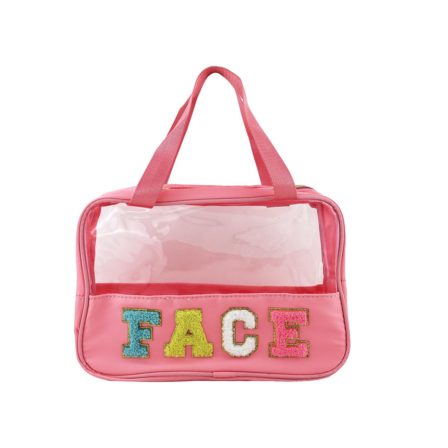 Clear Letter Patch Makeup Bag - Pink Preppy Travel Toiletry Organizer with Handle | Waterproof Cosmetic & Beach Storage Pouch | Large Snacks Bag for Women & Girls (Face Letter) | Perfect for Travel, Gym, Beach Trips & Daily Essentials Organization