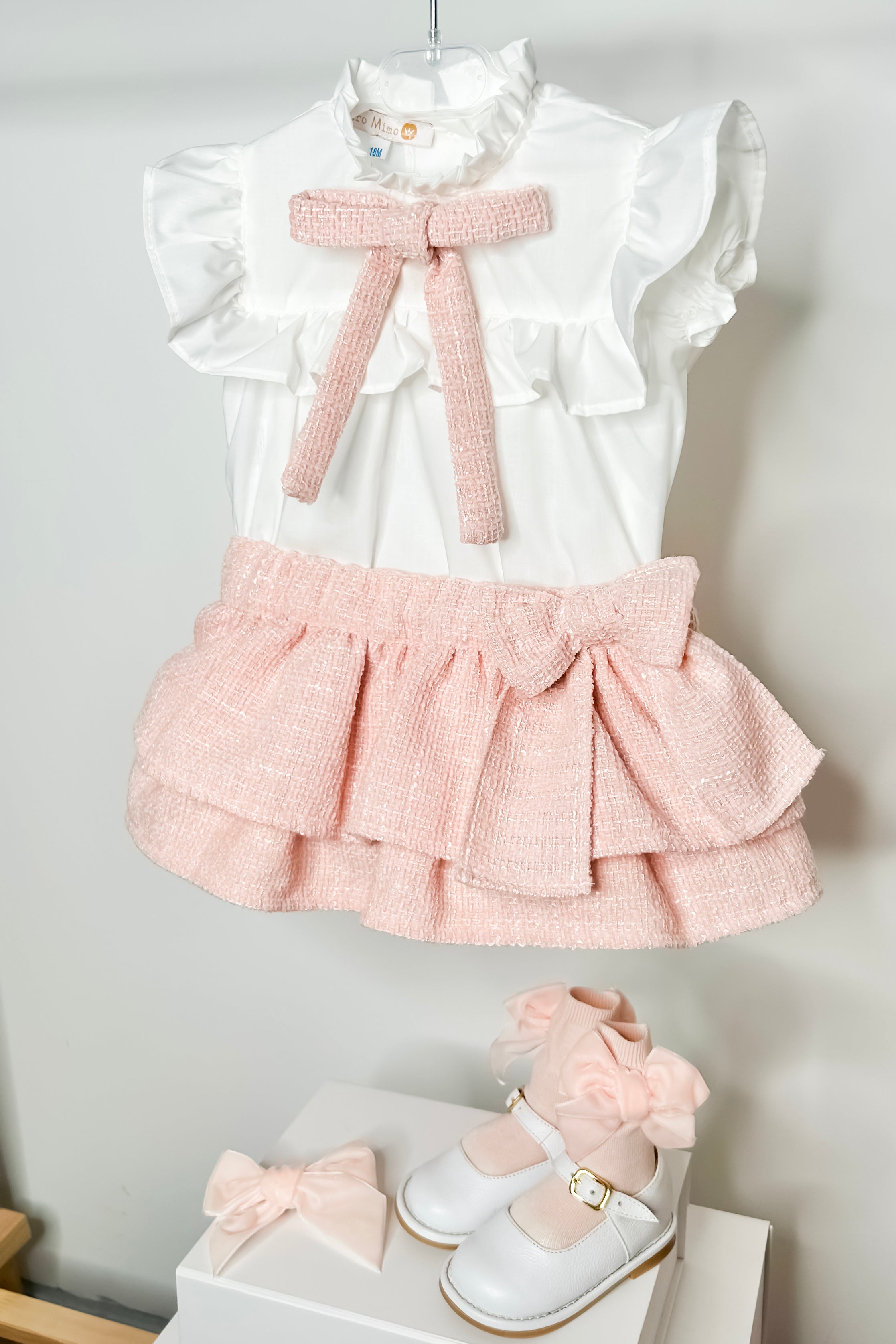 Belinda Blush Pink Bouclé Blouse & Skort Set - Women's Elegant Office Wear & Cocktail Party Outfit