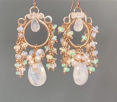 Rainbow Moonstone Opal Statement Rose Gold Chandelier Earrings | Boho Bridal Jewelry | Wedding, Party & Special Occasion Accessories