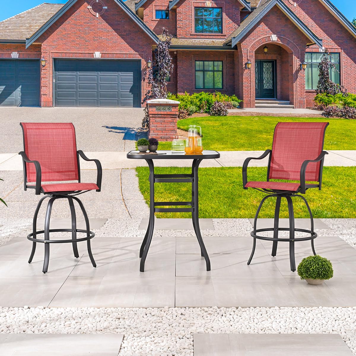 3 Piece Patio Bar Set with 360° Swivel Chairs & Tempered Glass Top Table - Outdoor High Top Dining Furniture for Porch, Yard, Garden, Balcony, Deck - Perfect for Entertaining, BBQs & Relaxing (Red)
